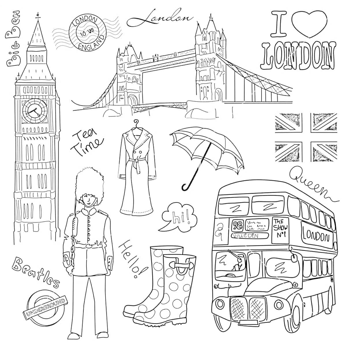 На раскраске изображено: Лондон, Достопримечательности, Биг Бен, Тауэрский мост, Автобус, Дождевик, Зонт, Сапоги, Солдат, Королева, Флаг, Чай