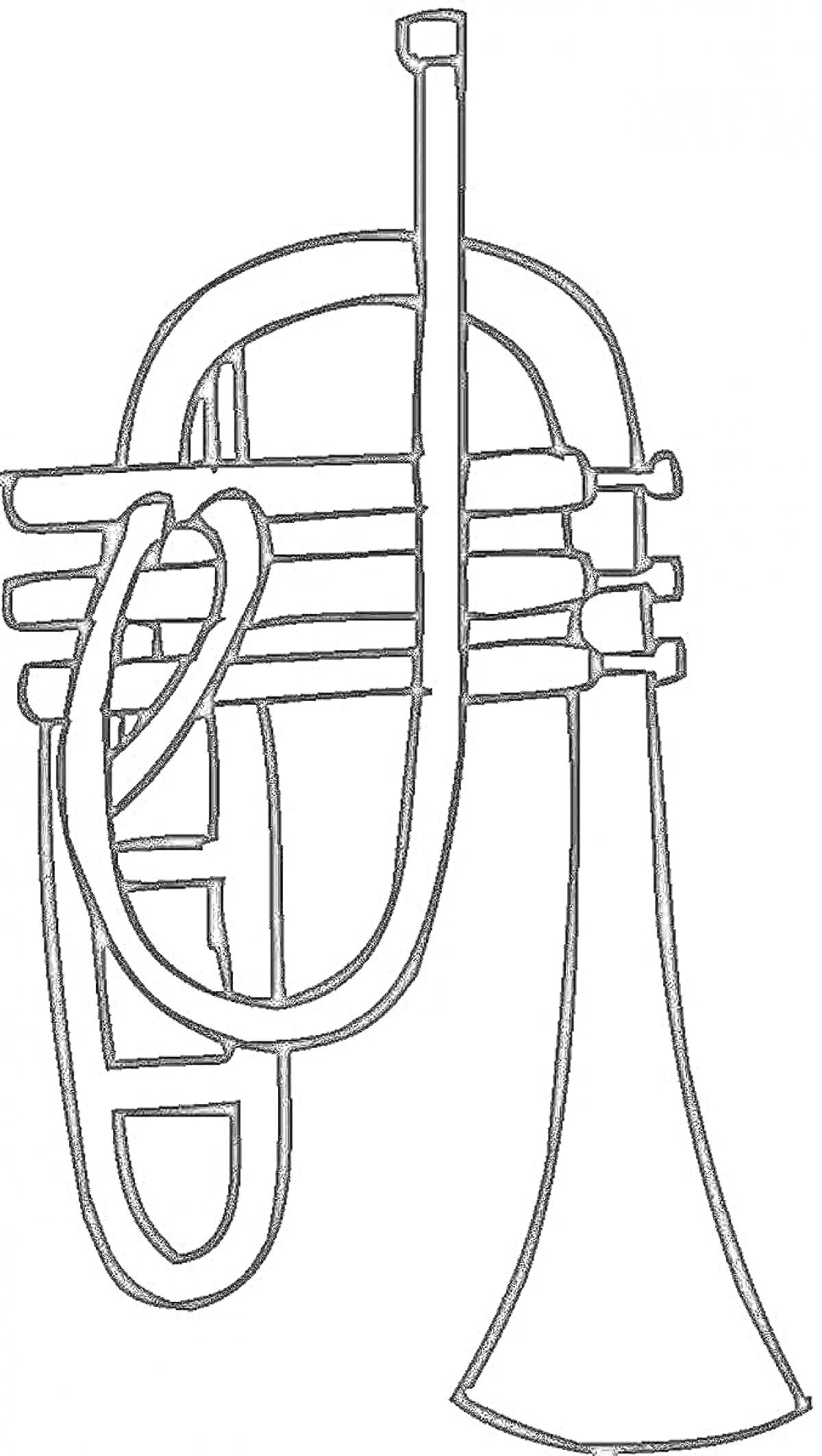 На раскраске изображено: Труба, Вентиль, Мундштук, Трубка, Музыкальные инструменты