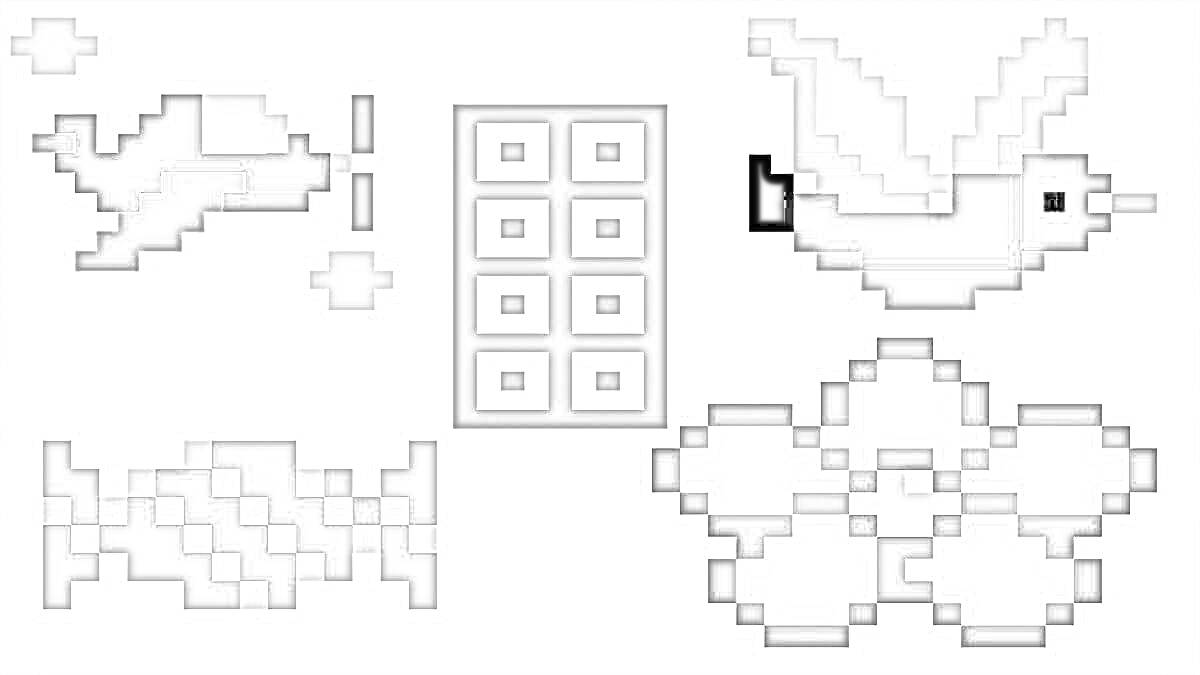 Раскраска Пиксельный рисунок с птичками, цветком, плиткой, конфетой и звездочками
