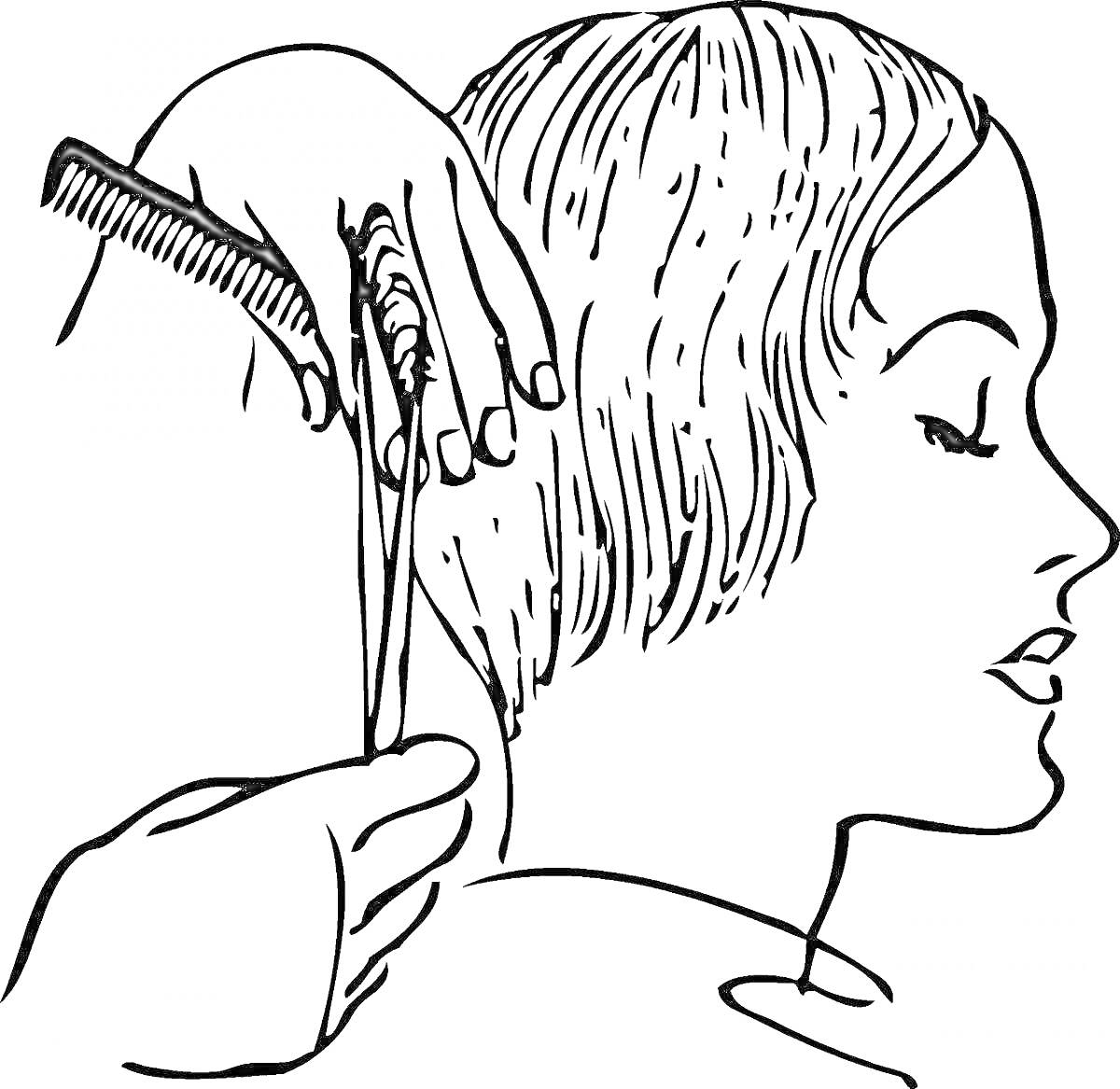Раскраска Процесс стрижки волос - руки сколько ножницы и гребень, женщина со стрижкой
