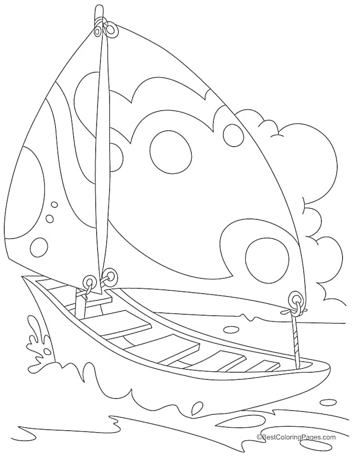 Раскраска Яхта с абстрактным парусом на фоне волнистого моря