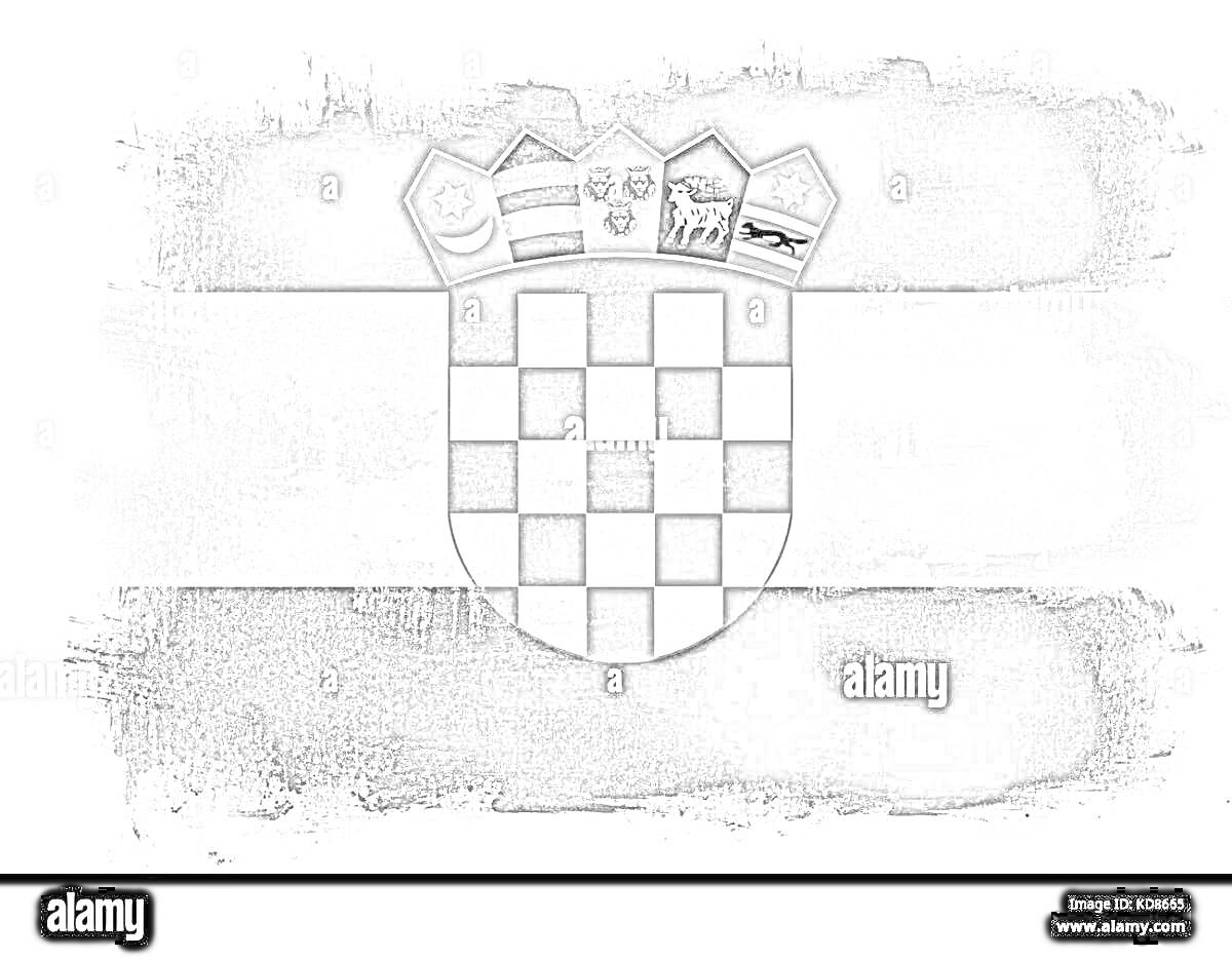 Раскраска Флаг Хорватии с гербом, содержащим щит с клетчатым узором и пятью символами сверху