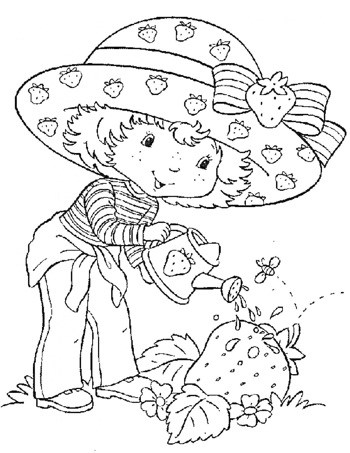 На раскраске изображено: Девочка, Клубника, Лейка, Полив, Цветы, Шляпа, Большой бантик