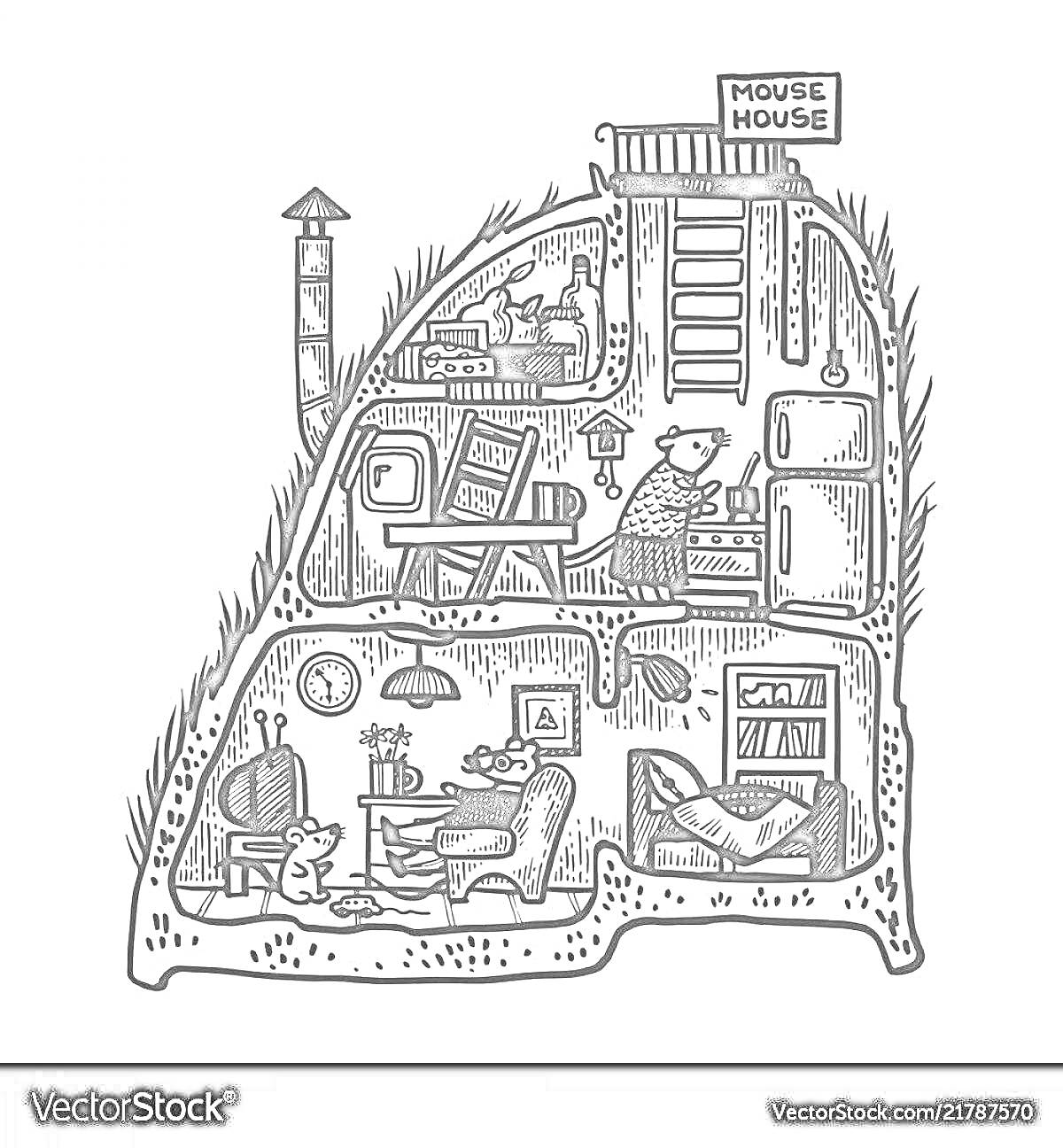 Раскраска Дом в разрезе мышки: мебель, книги, кровати, столы, стулья, кресла, лестница, дымоход, окна, двери