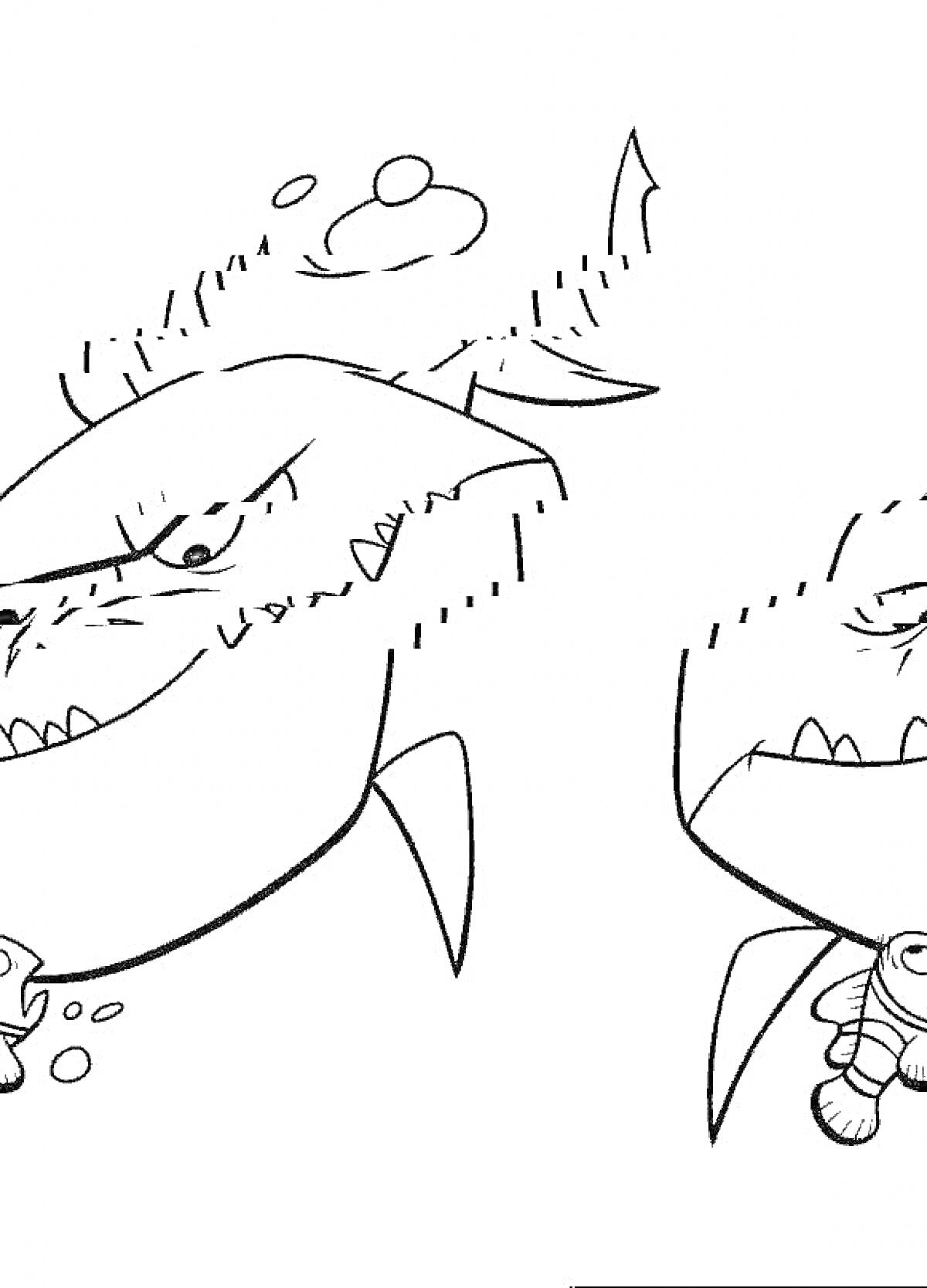 Раскраска Две улыбающиеся акулы с добычей