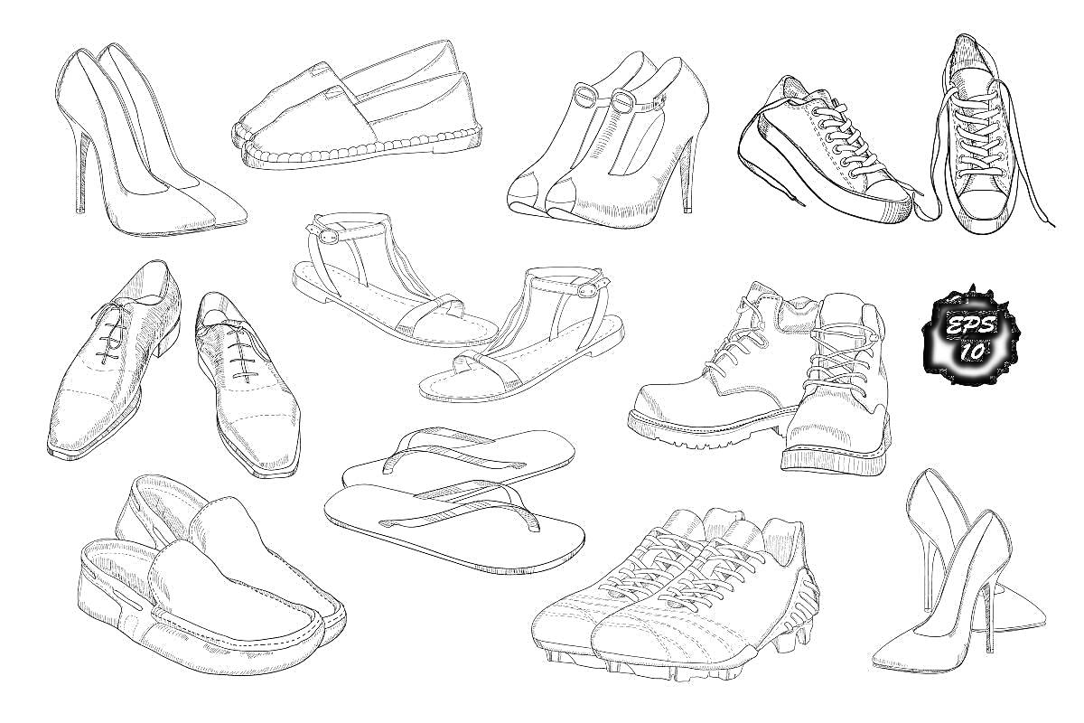 На раскраске изображено: Обувь, Туфли, Высокие каблуки, Мокасины, Ботильоны, Кроссовки, Сандалии, Босоножки, Ботинки, Шлёпанцы, Кеды