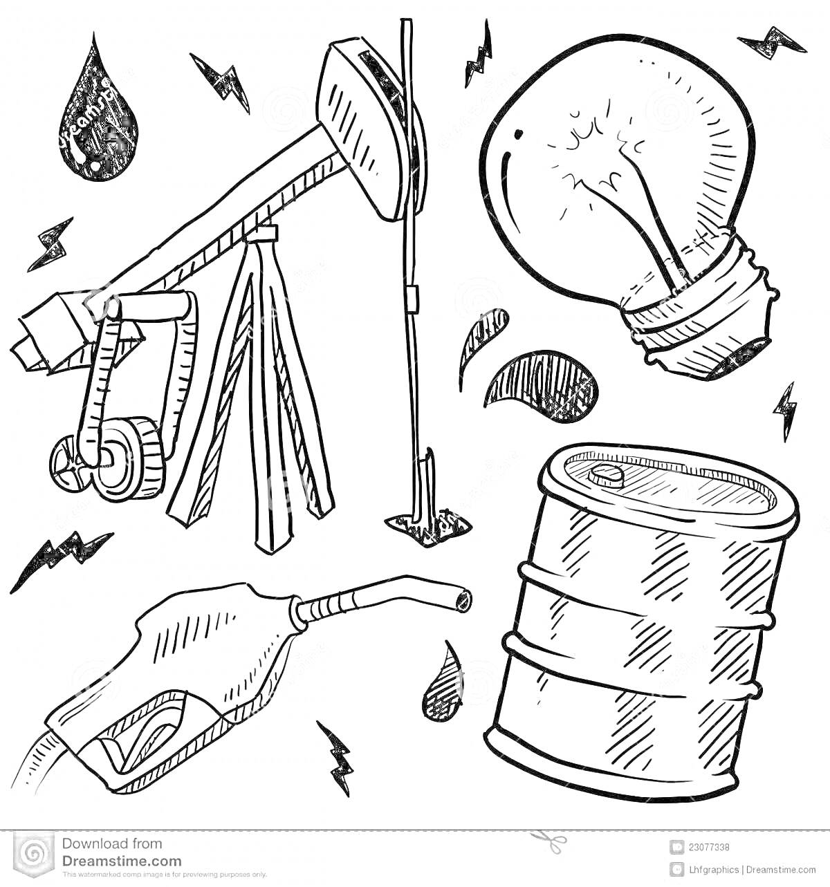 Раскраска Насос-качалка, лампочка, бочка, зарядное устройство, пятна и капли нефти, молнии.