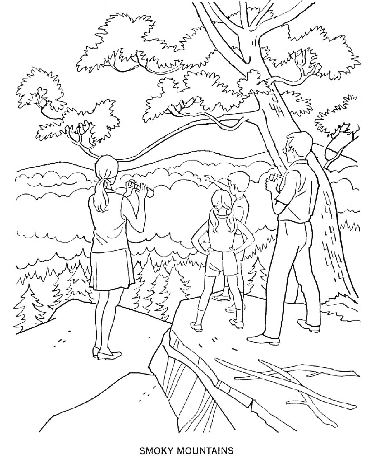 Раскраска Группа людей на краю ущелья с видом на горы и деревья