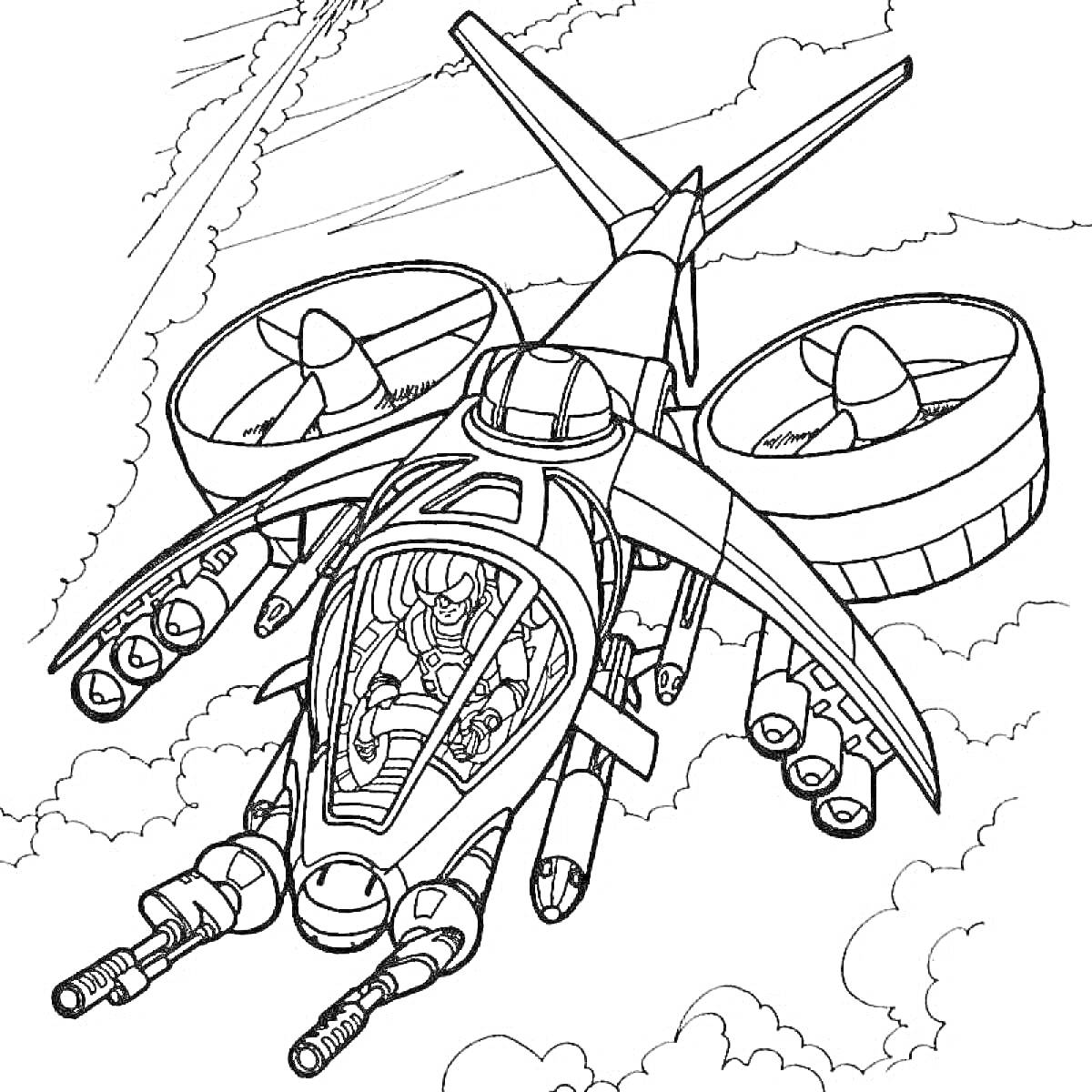 На раскраске изображено: Вертолет, Военный, Реактивные двигатели, Облака, Для мальчиков, Техники