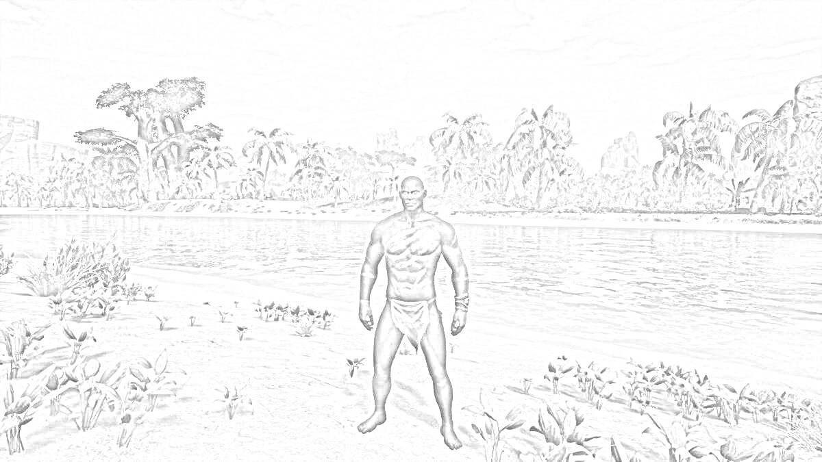 На раскраске изображено: Conan Exiles, Воин, Река, Песок, Пальмы, Игра, Боевая сцена, Природа