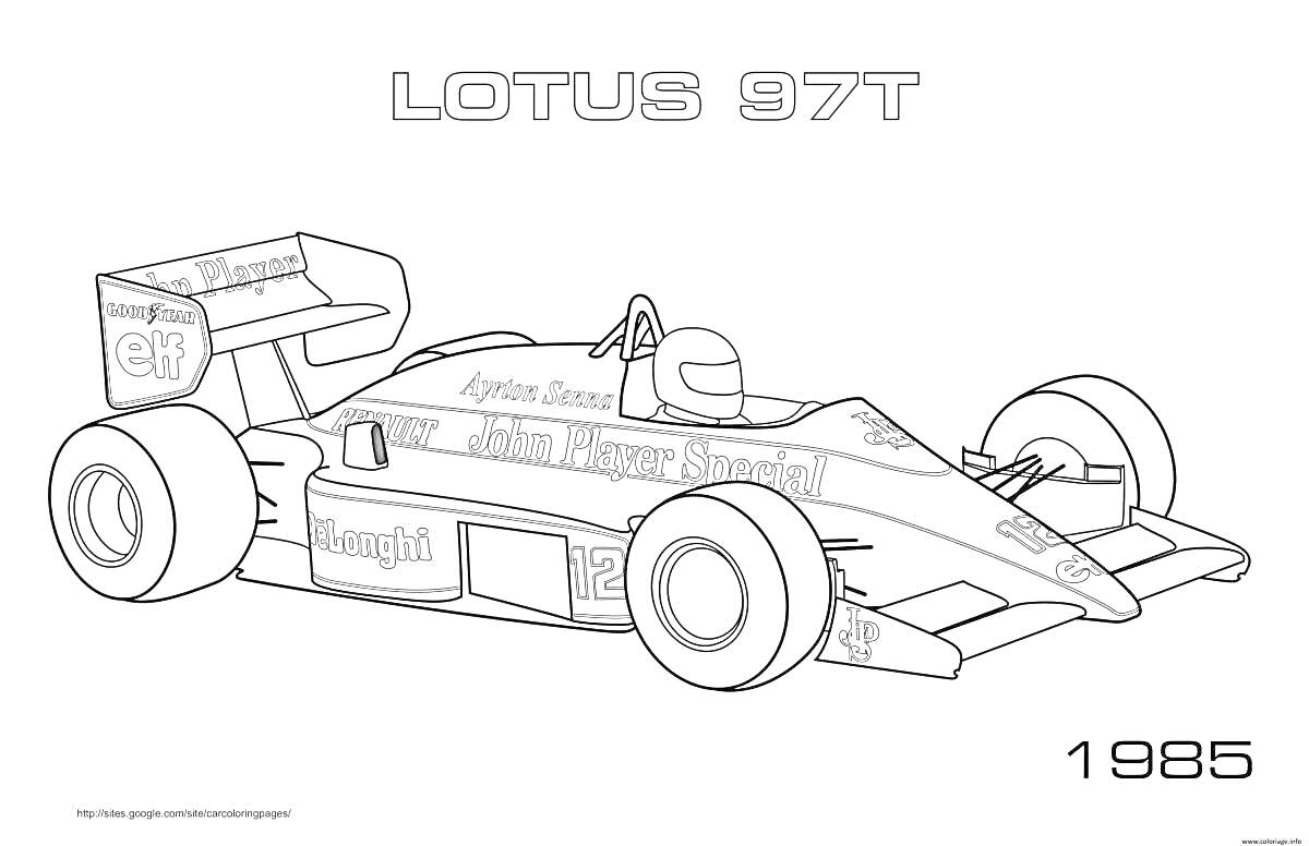 Раскраска Lotus 97T 1985 с шасси, аэродинамическими элементами и рекламными наклейками