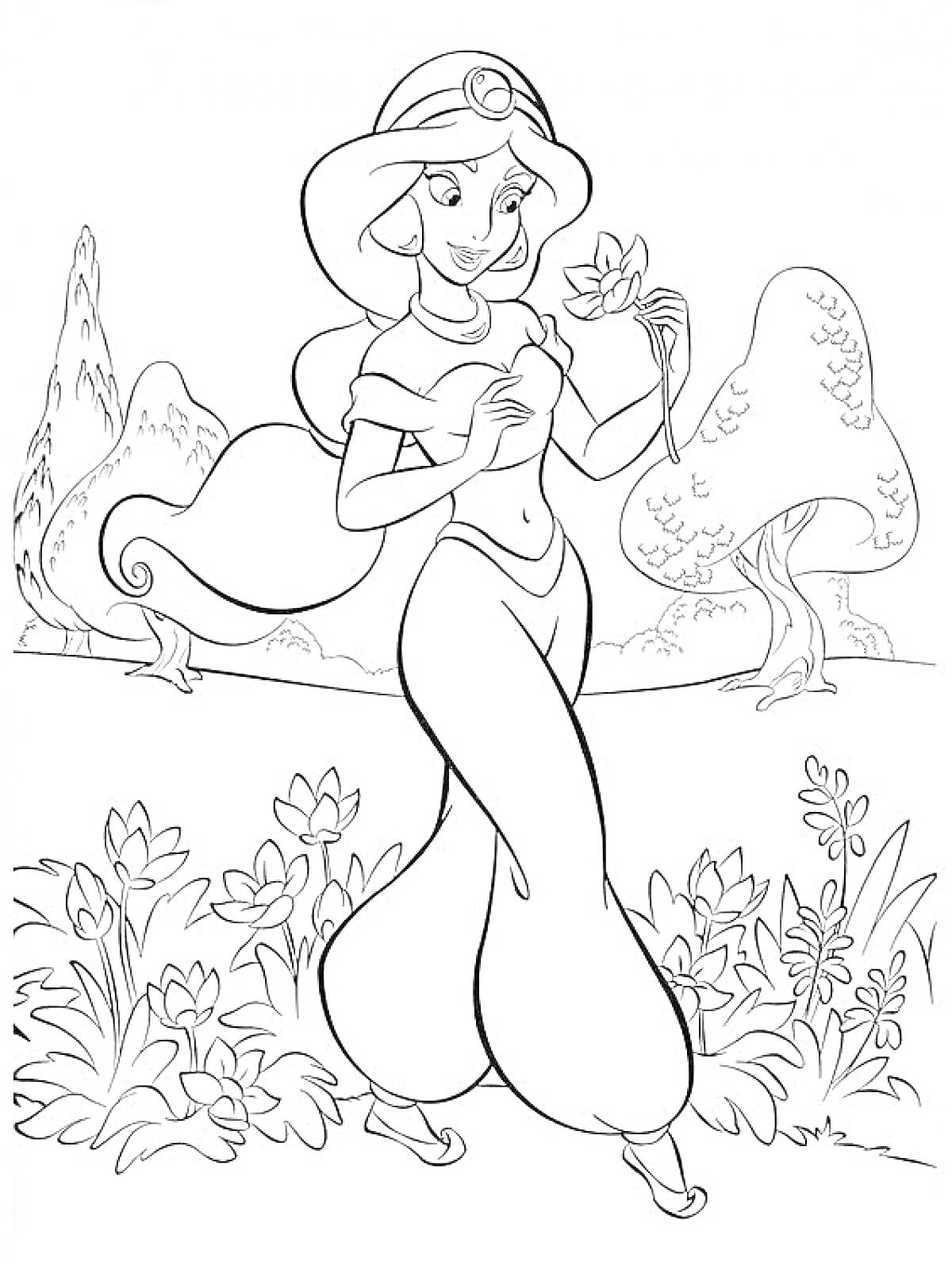 Раскраска Принцесса Жасмин с цветком в саду