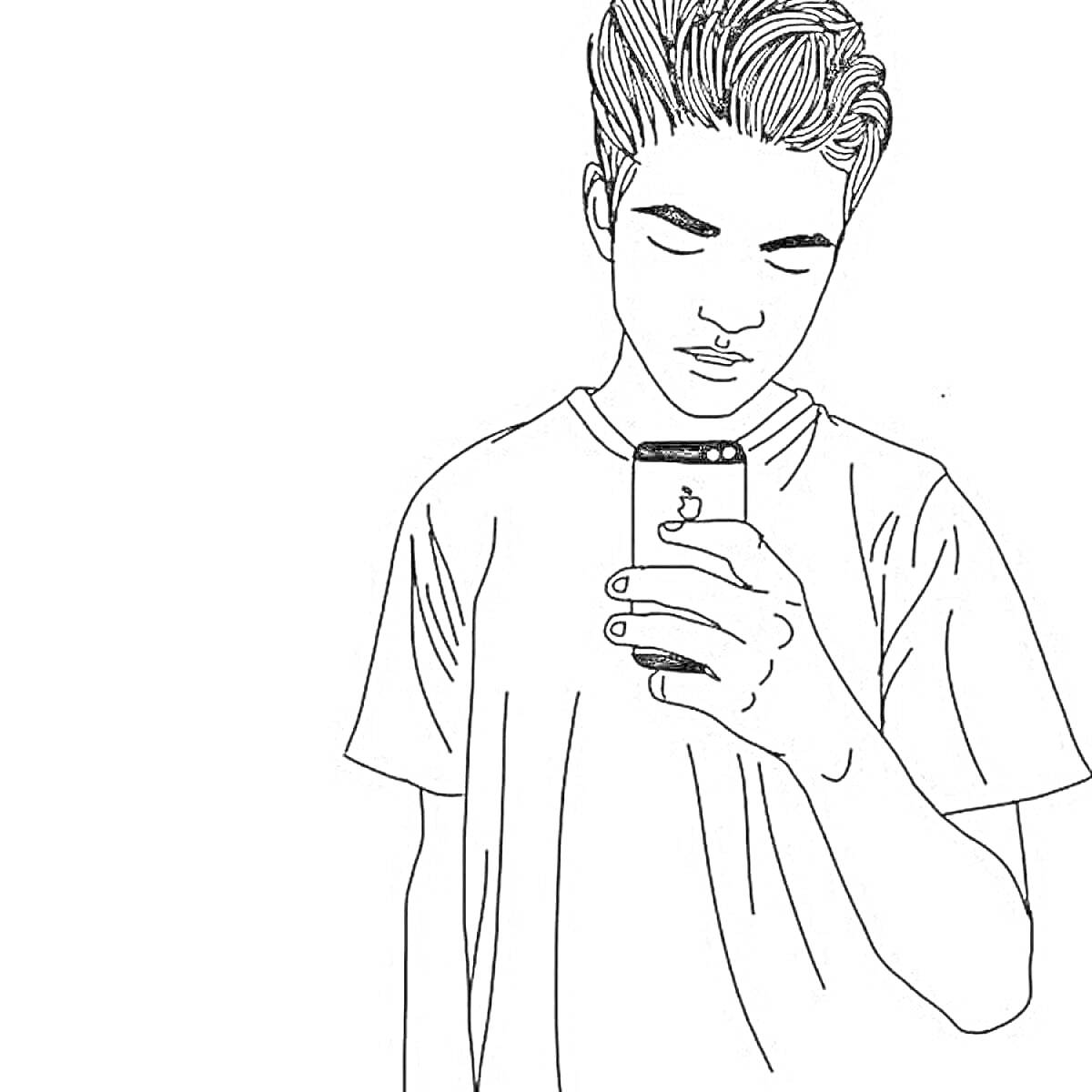 Раскраска Молодой человек в футболке с телефоном