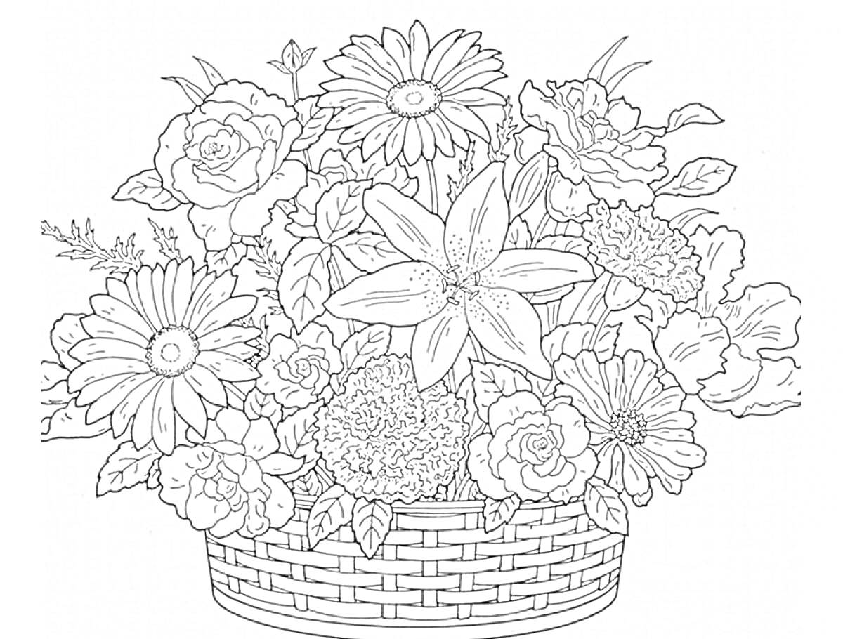 Раскраска Корзинка с цветами (ромашки, розы и другие цветы)