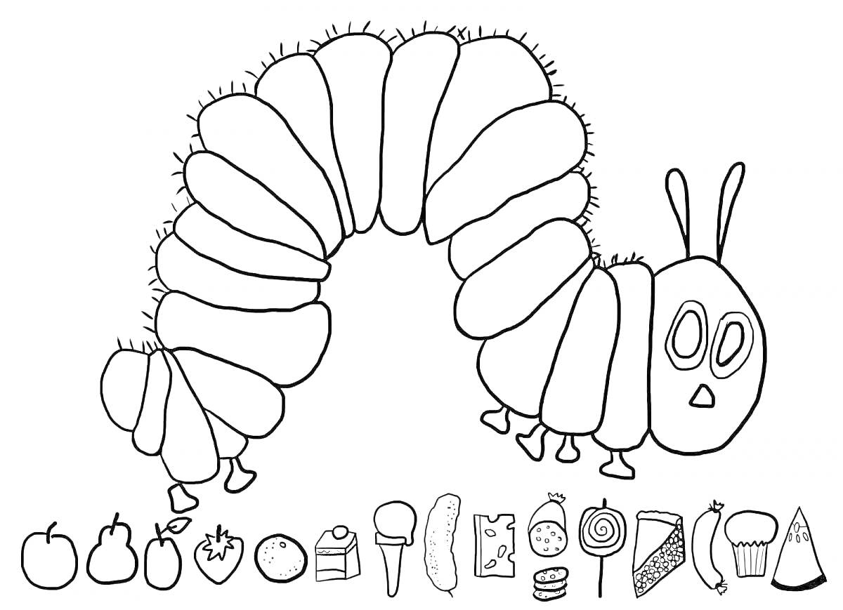 Раскраска Пиджей гусеница и предметы для раскрашивания: яблоко, груша, клубника, апельсин, пирог, мороженое, конфета на палочке, корн-дог, печенье, арбуз, капкейк, эклер, конфета в обертке, леденец, сыр, мороженое в рожке