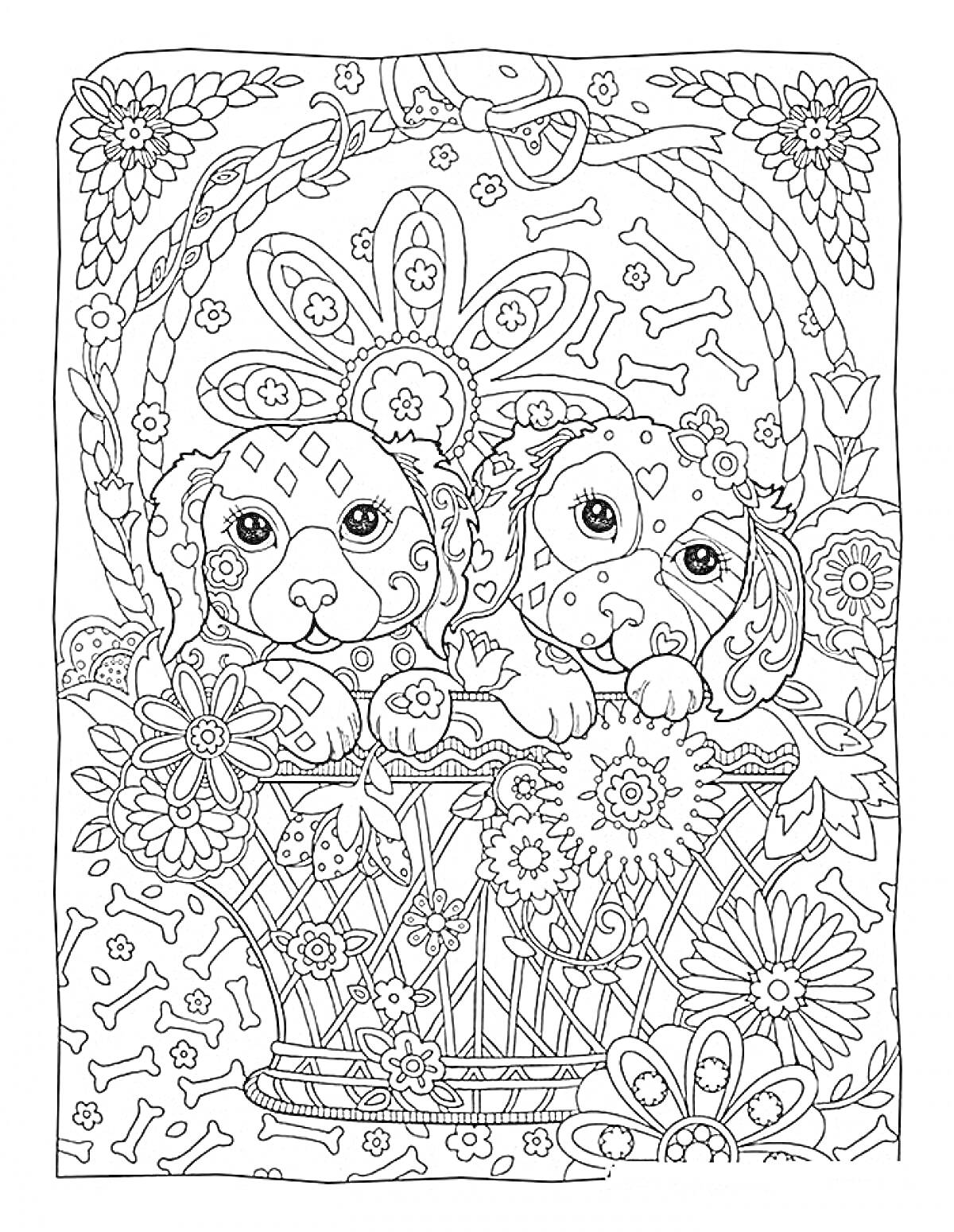 Раскраска Две антистресс собаки в корзине с цветами и косточками вокруг