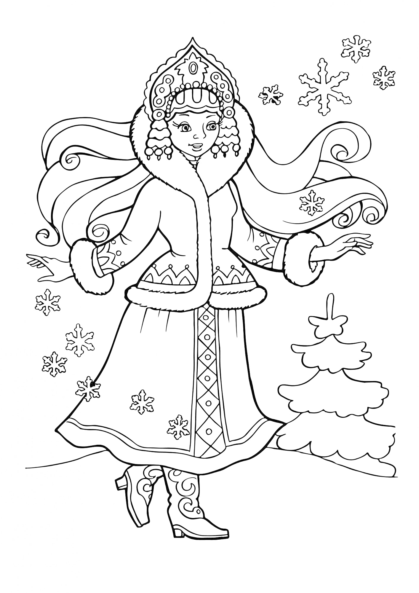 На раскраске изображено: Снегурочка, Традиционная одежда, Снег, Снежинки, Зима, Костюм, Русский фольклор
