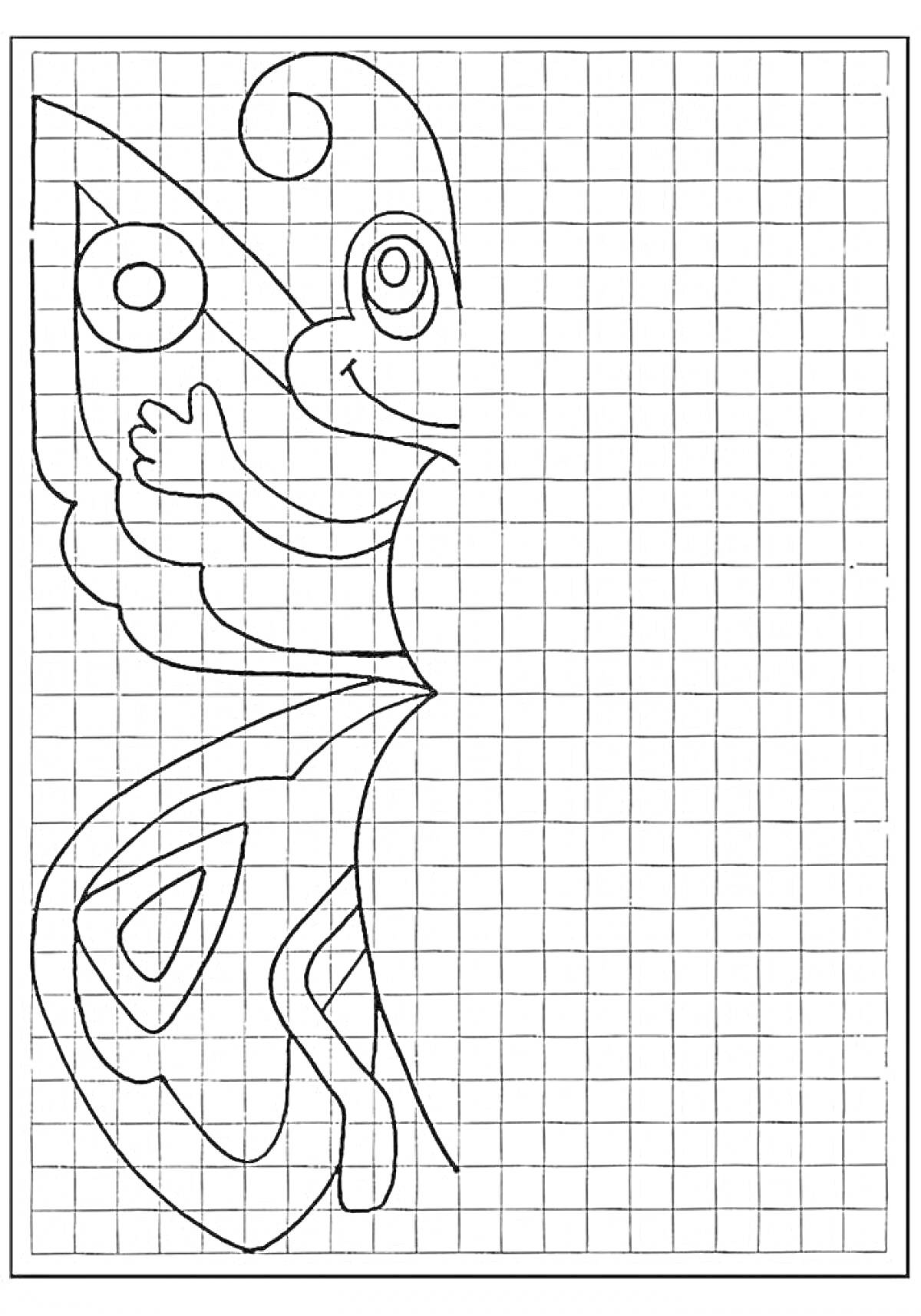Раскраска Бабочка на сетке с фигурами и линиями