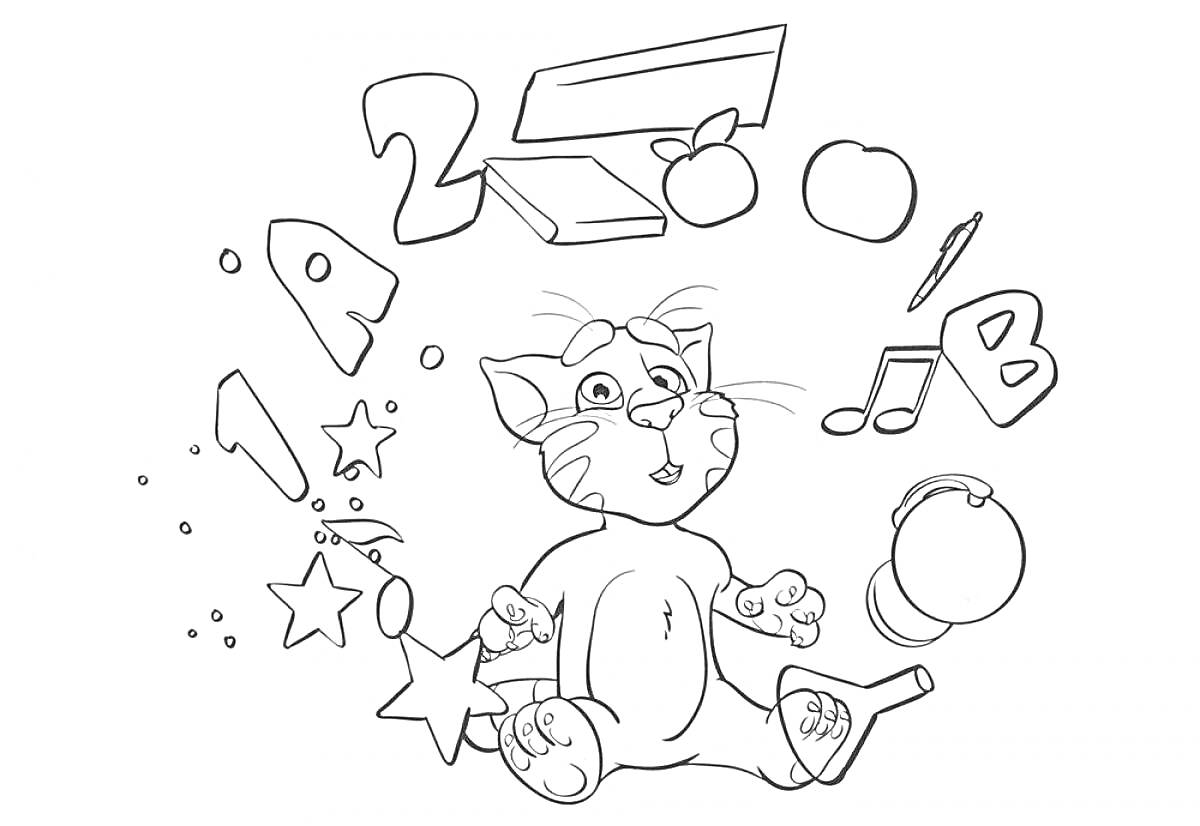 Раскраска Говорящий кот с учебными и музыкальными элементами, включающими числа, звезды, книжки, яблоко, ноту, линейку, мяч и карандаш.