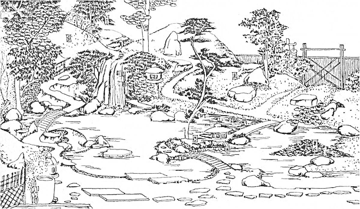 Раскраска Японский сад с деревьями, камнями, дорожками и ограждением