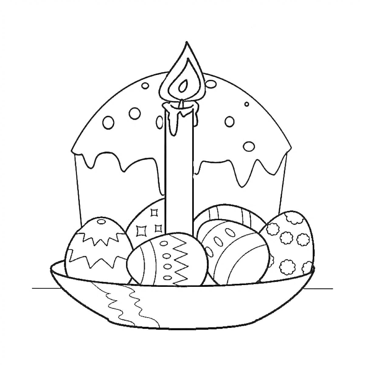Раскраска Пасхальный кулич с глазурью, свеча и пасхальные яйца в тарелке