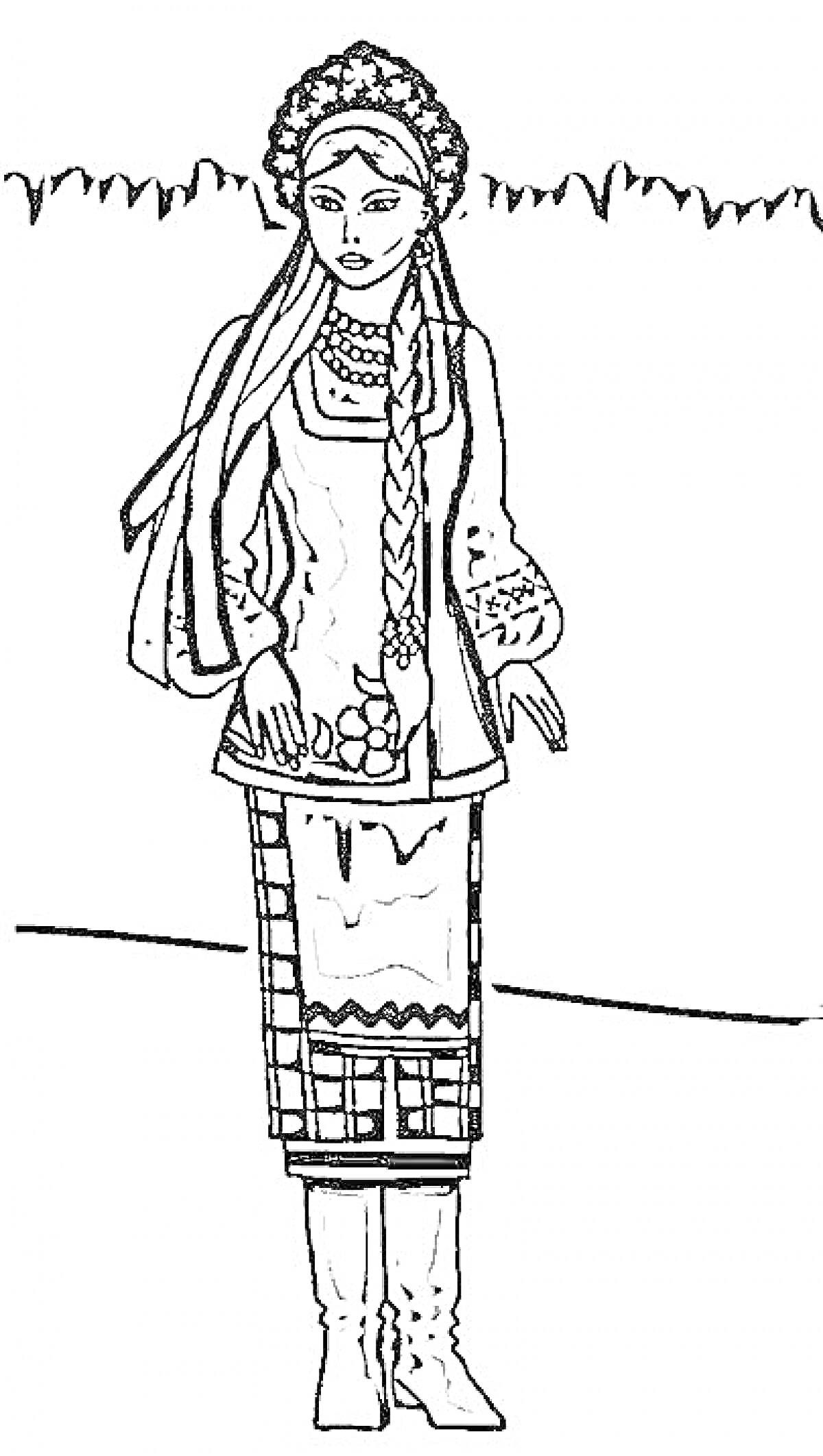 Женщина в традиционной одежде, с длинной косой, в расшитой рубахе, юбке с узорами и сапогах