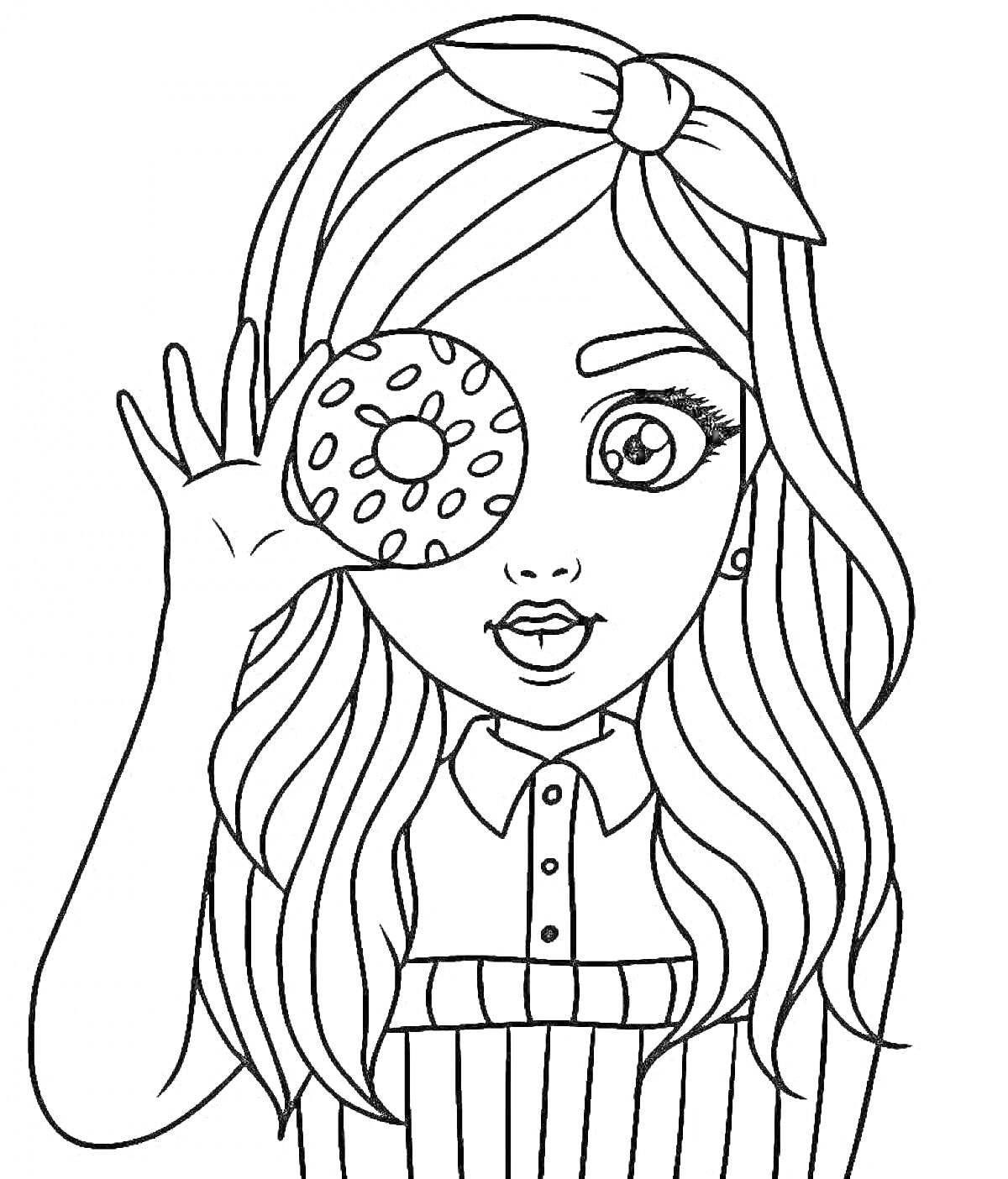 Раскраска Девочка с длинными волосами и бантом держит пончик у глаза