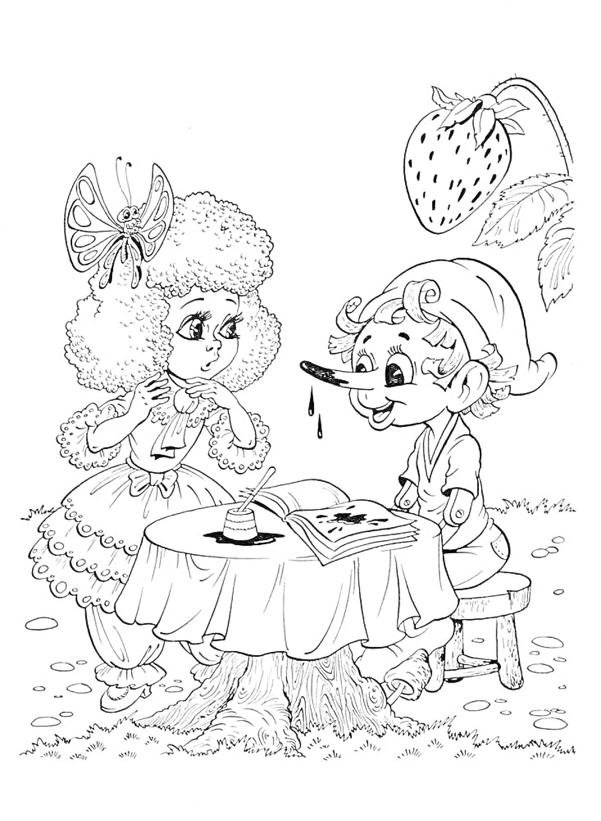 Раскраска Буратино и девочка с бабочкой на голове за столом с чернильницей под большой клубникой