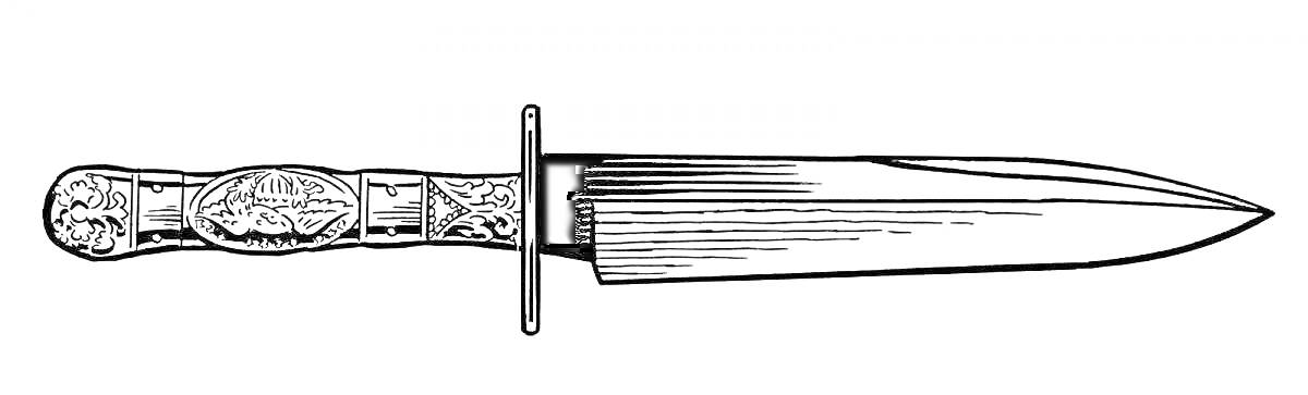 Рисунок ножа кинжала с декоративной рукояткой и длинным лезвием, иллюстрация