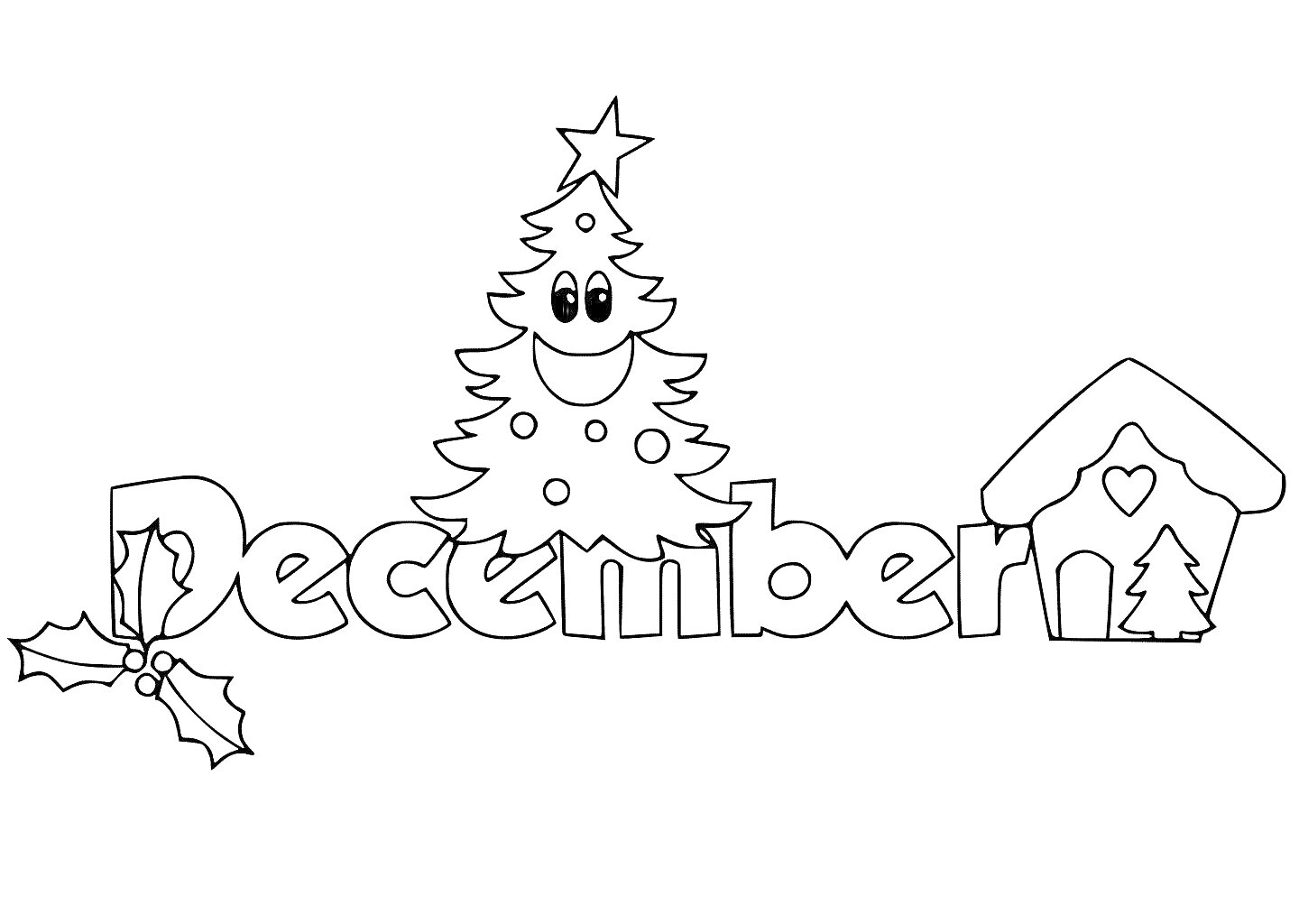 На раскраске изображено: Декабрь, Домик, Остролист, Новый год, Рождество