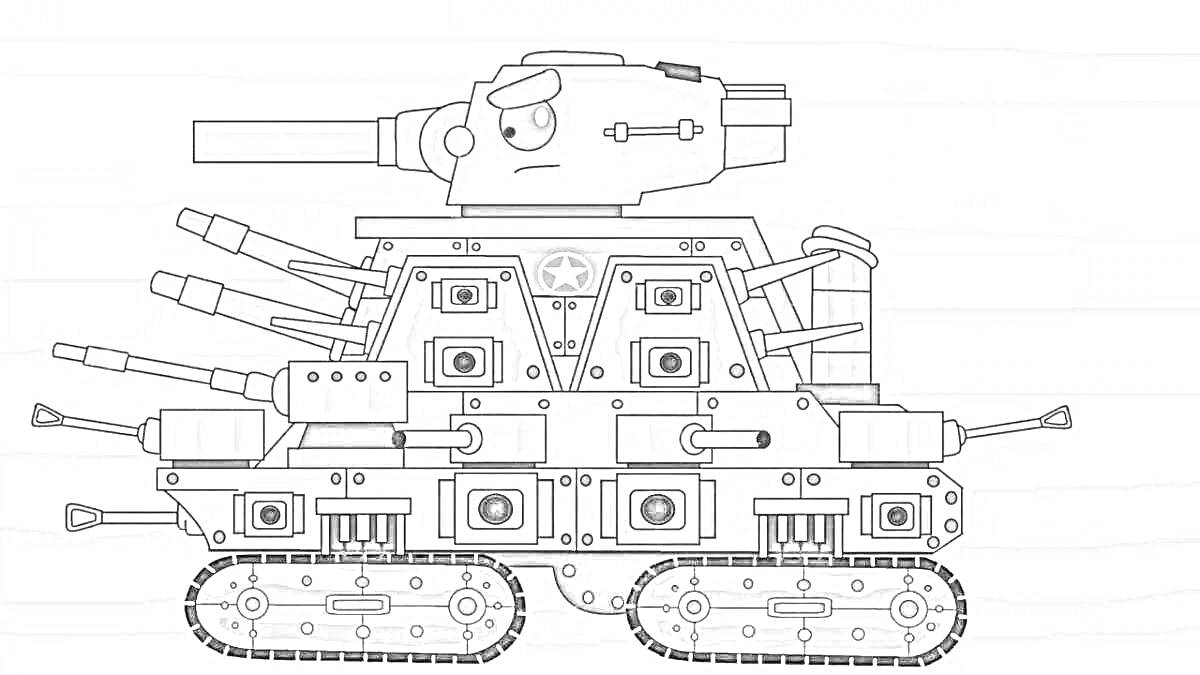 Раскраска Боевой танк со множеством пушек и гусеничным ходом