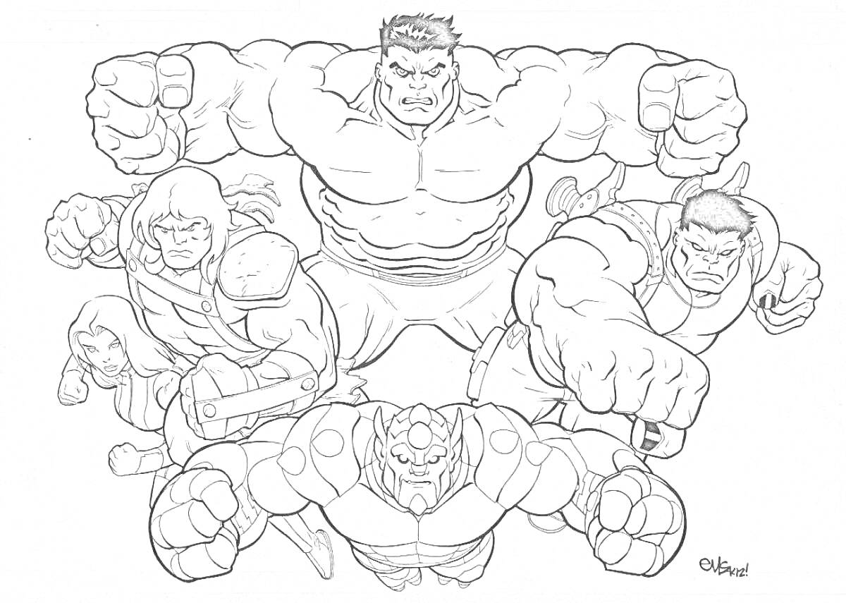 Раскраска Халк и четыре персонажа в боевой позе (трое человекоподобных и один с рогами)