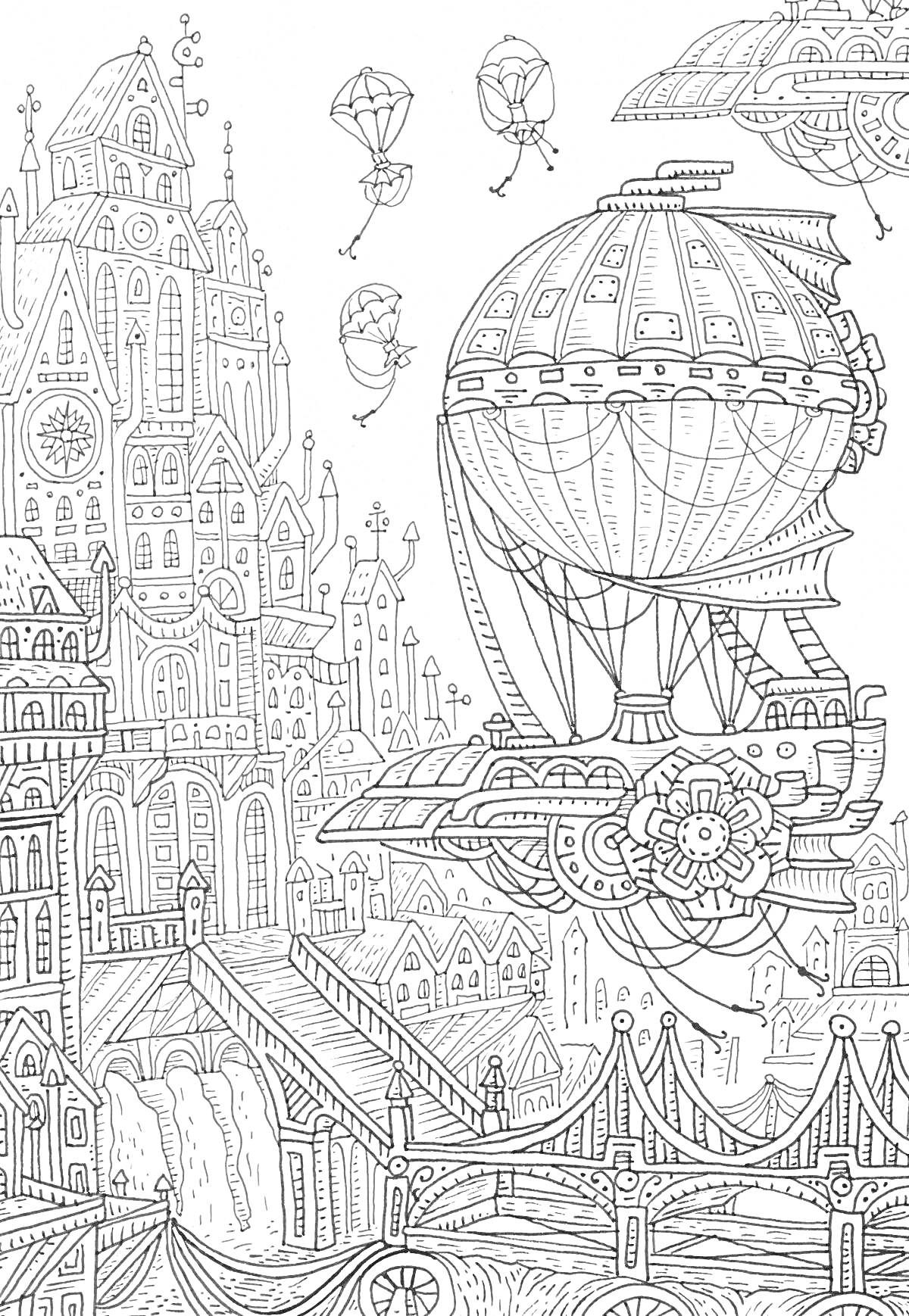 На раскраске изображено: Фантастический город, Дирижабль, Воздушные шары, Мост, Водопад, Здания, Архитектура