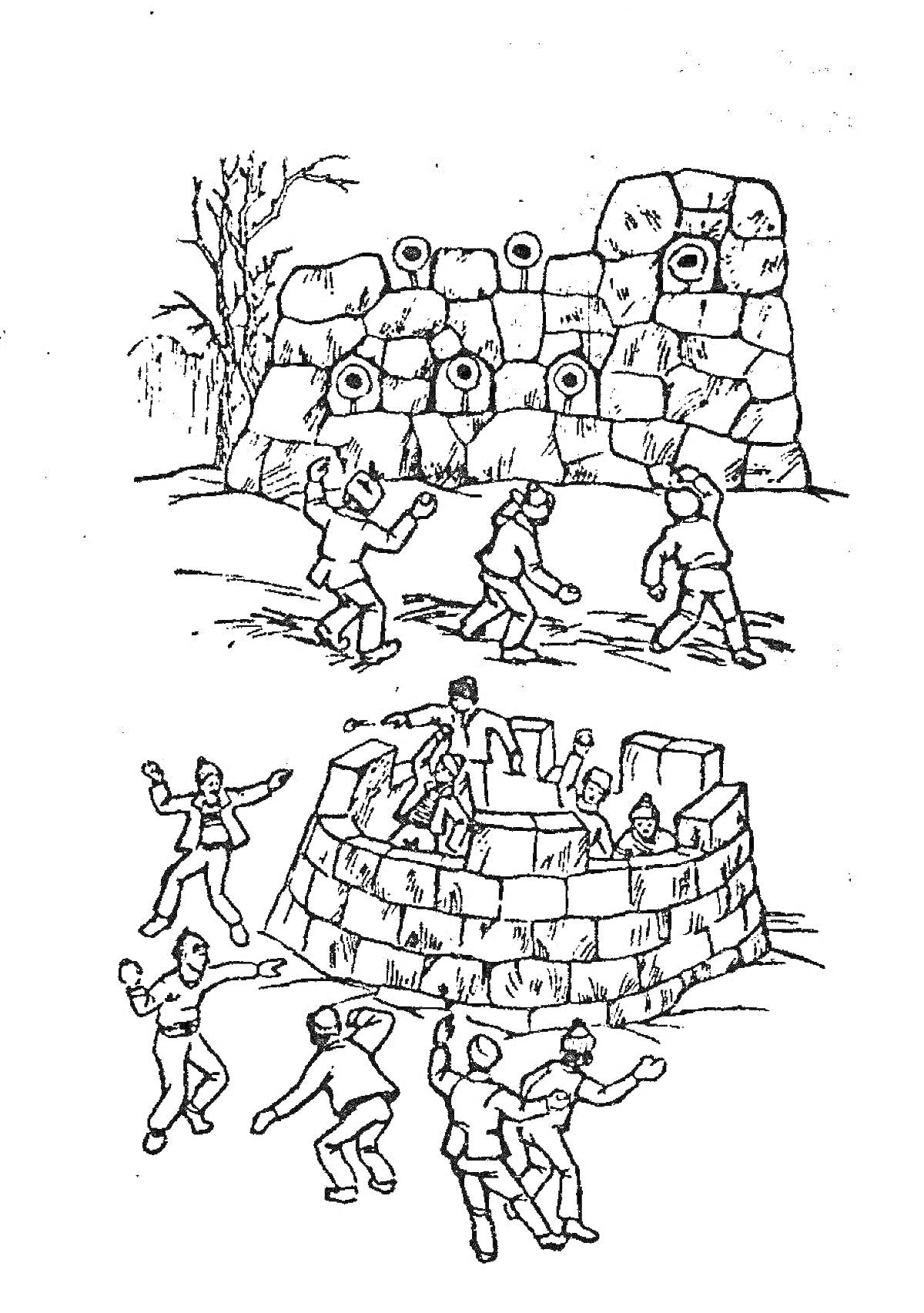 Раскраска снежная крепость с двумя уровнями борьбы: снежная стена с бойницами и группой кидающихся снежками людей, круглая снежная крепость с людьми внутри и вокруг