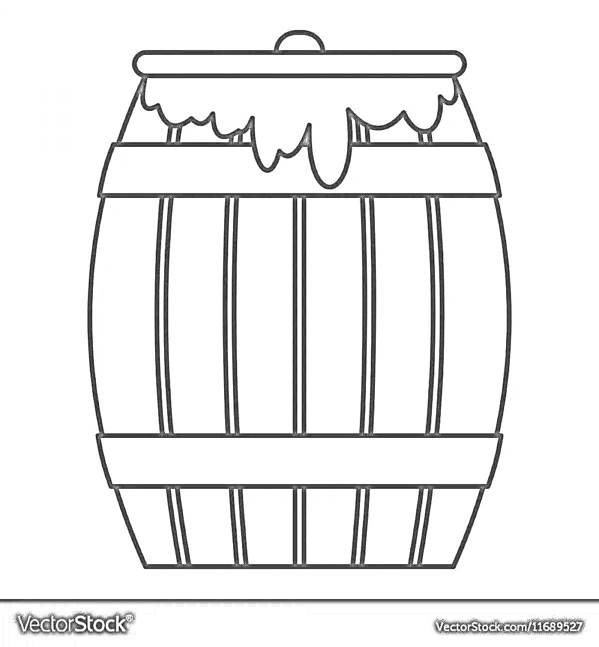 На раскраске изображено: Бочонок, Мед, Крышка