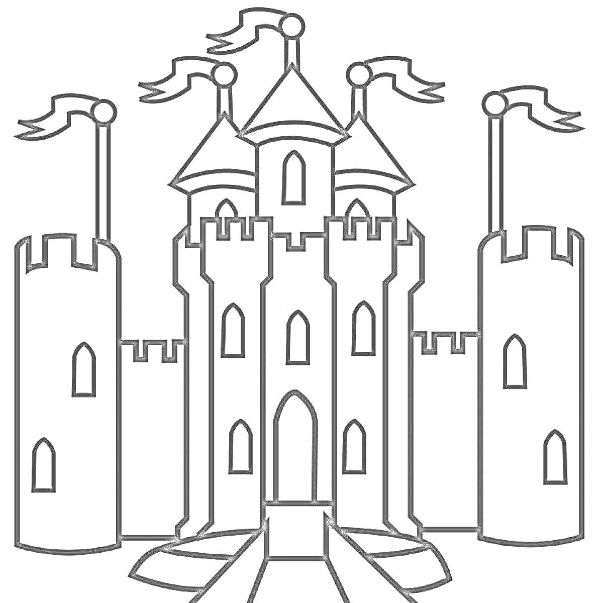 На раскраске изображено: Замок, Башни, Окна, Ворота, Дорожка, Средневековье, Архитектура, Крепость, Флаг, Стена