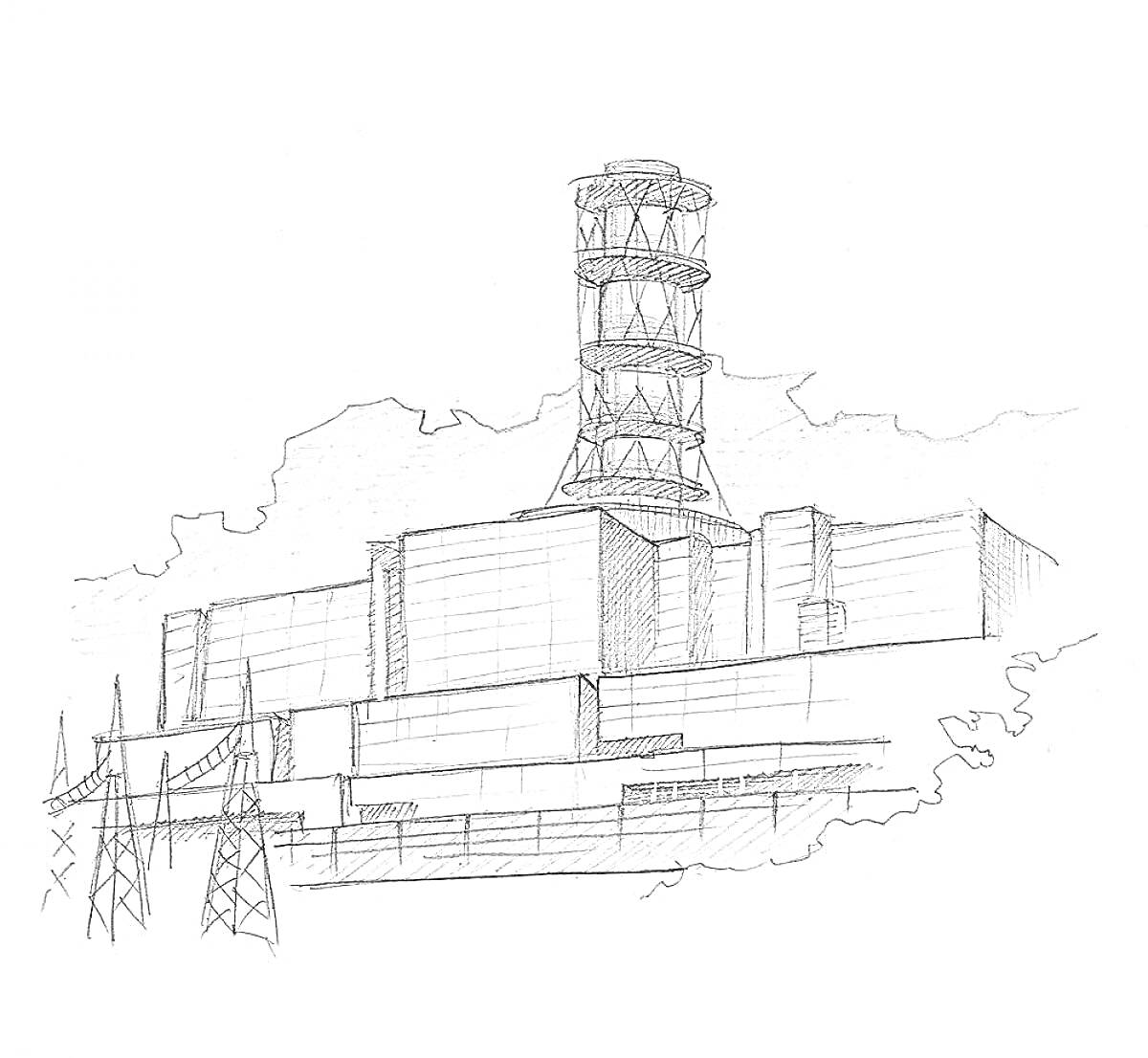 На раскраске изображено: Чернобыль, АЭС, Реактор, Архитектура, Катастрофа, Разрушения