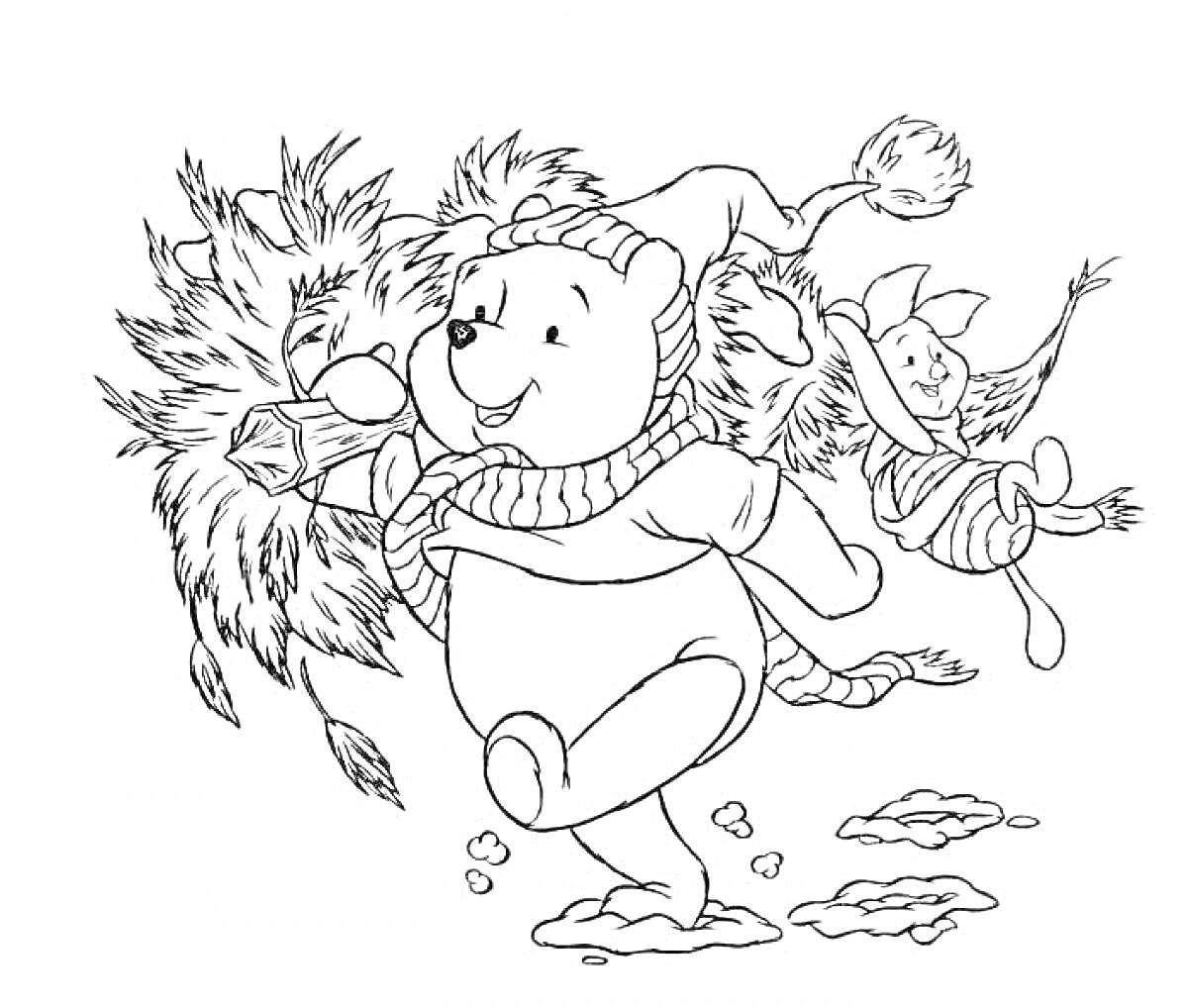 Раскраска Винни-Пух и друзья несут новогоднюю ёлку, в снегу, в шапках и шарфах