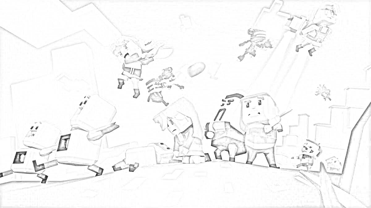 Раскраска Массовое сражение аватаров в стилистике Когама с элементами полета и стрельбы