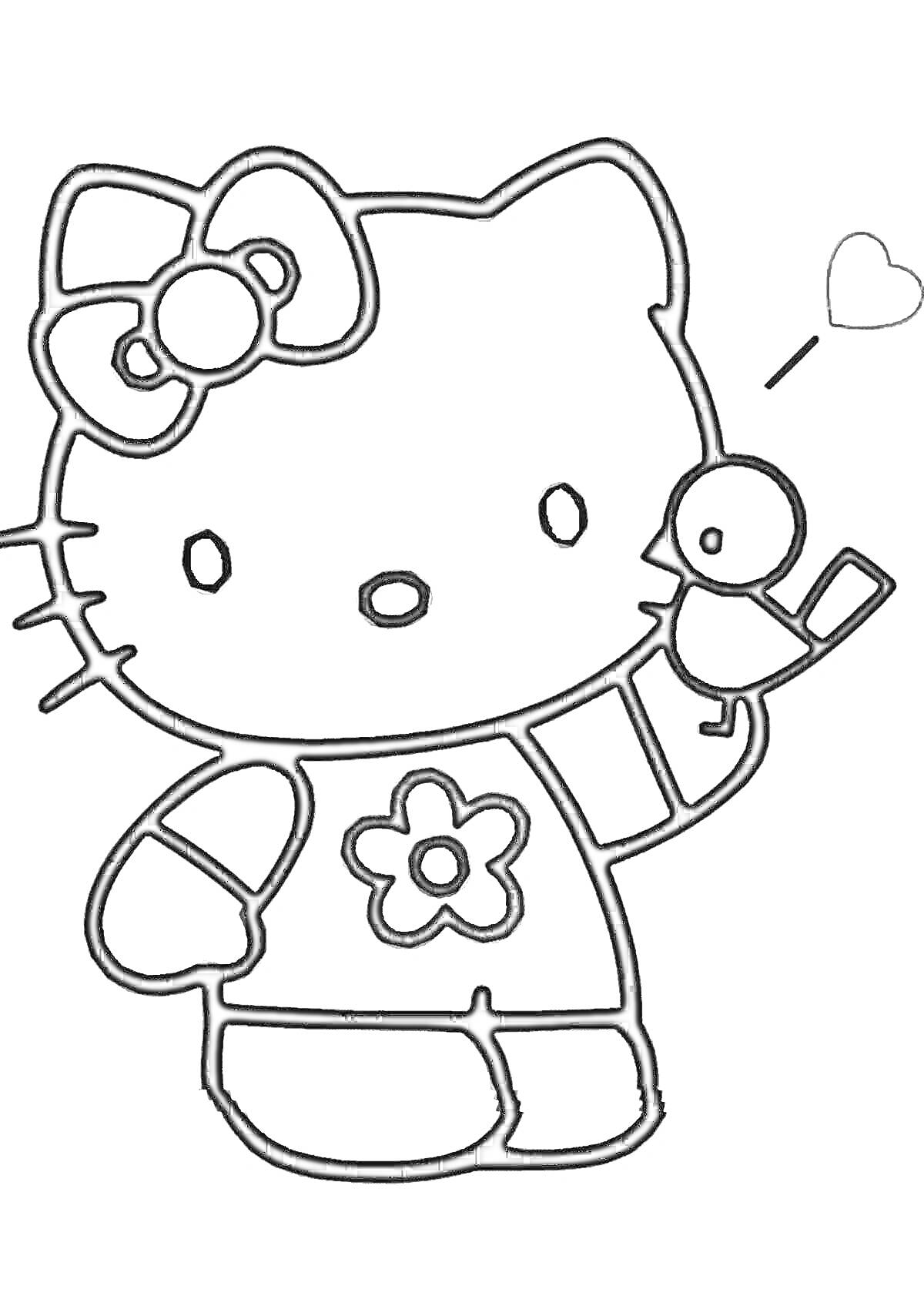Раскраска Хелло Китти с бантом, в футболке с цветком, держащая птичку и сердечко