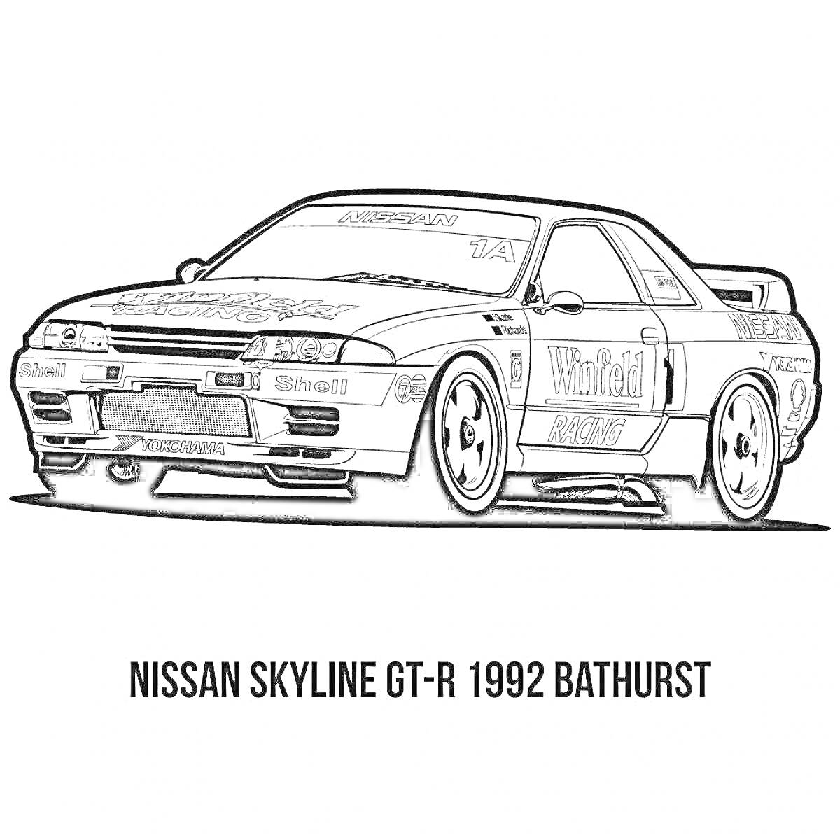На раскраске изображено: Nissan, Skyline, 1992, Дрифт, Гонки, Спорткар