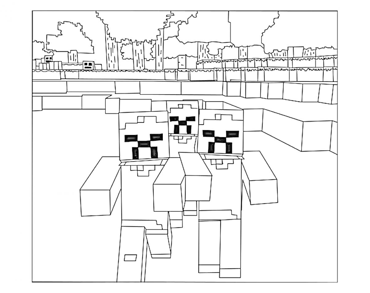 Раскраска Три персонажа из игры Minecraft на фоне леса и зданий