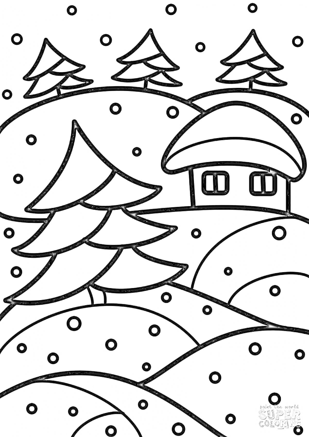 На раскраске изображено: Зима, Дом, Снег, Холмы, Деревья, Снежинки, Пейзаж