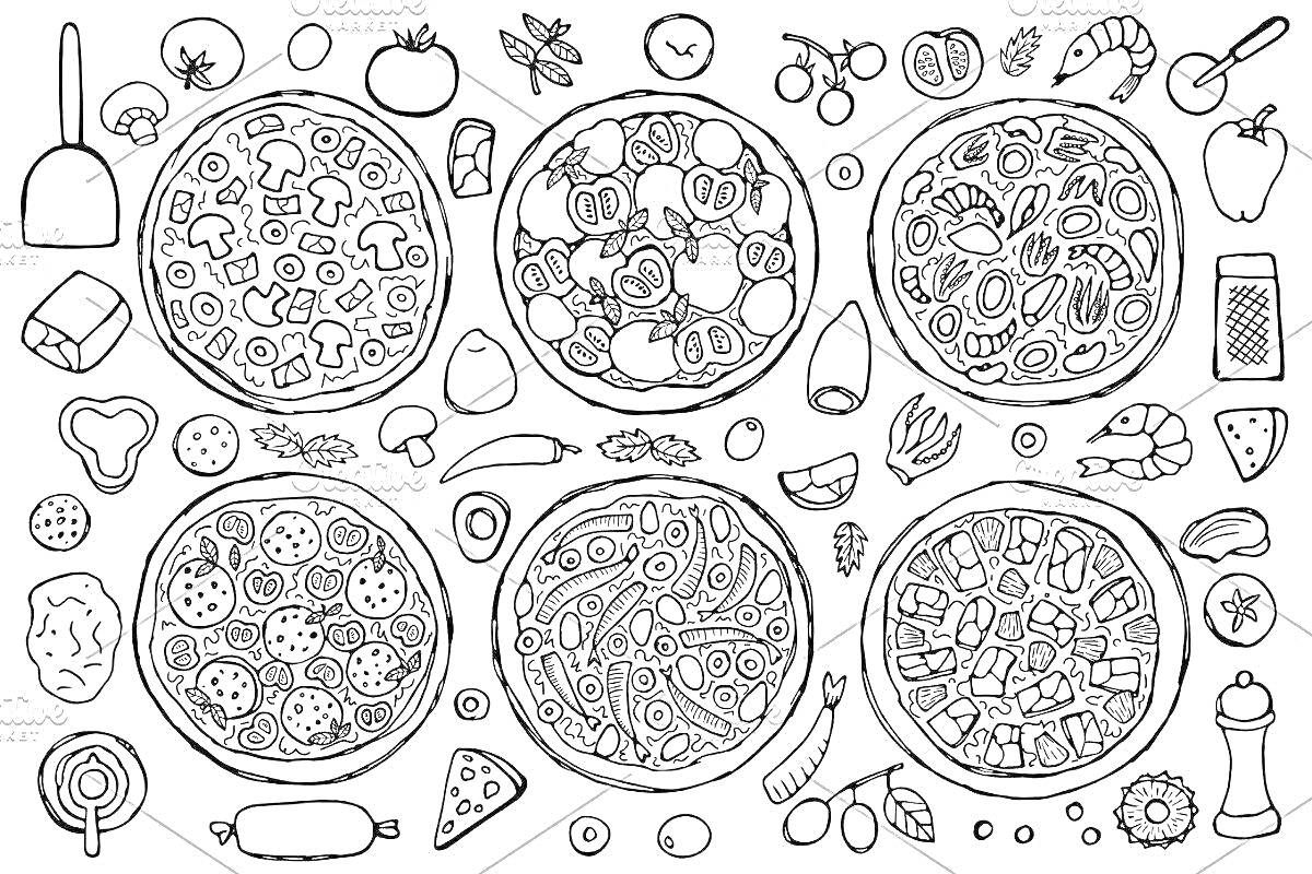 Раскраска с изображением пиццы и ингредиентов