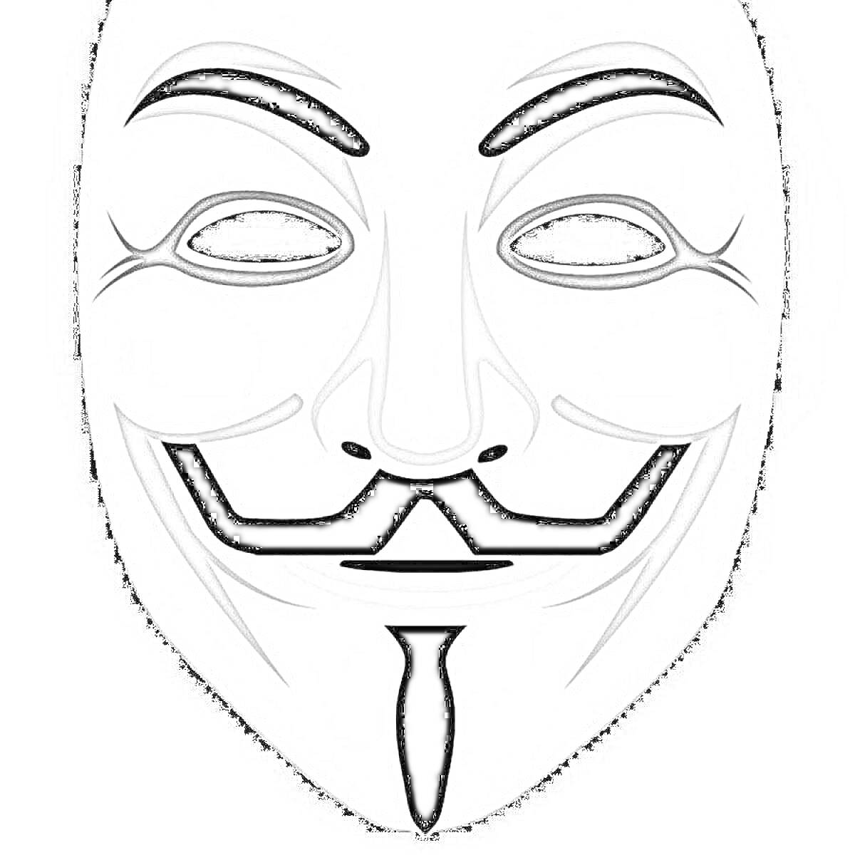 Раскраска Маска Анонимуса с черными линиями на сером фоне