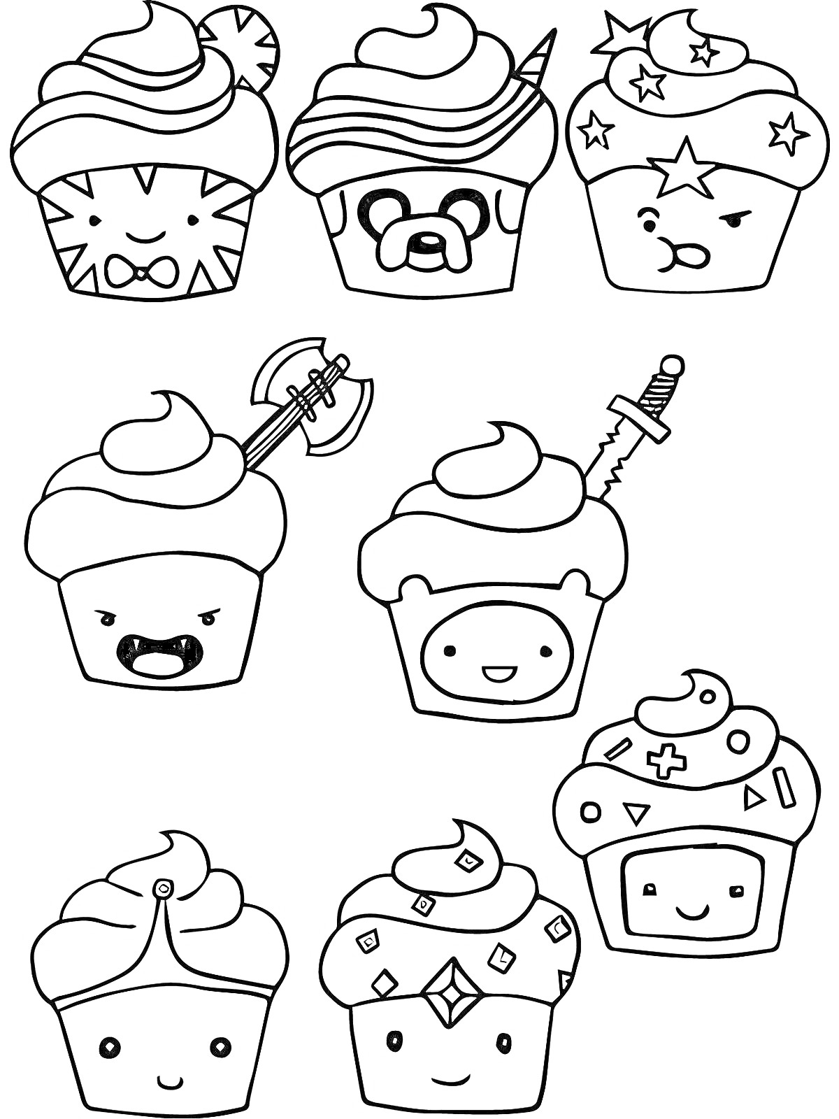 Раскраска Кексы с лицами и аксессуарами (леденец, звезды, топор, мечи, корона, украшения, игральные элементы)