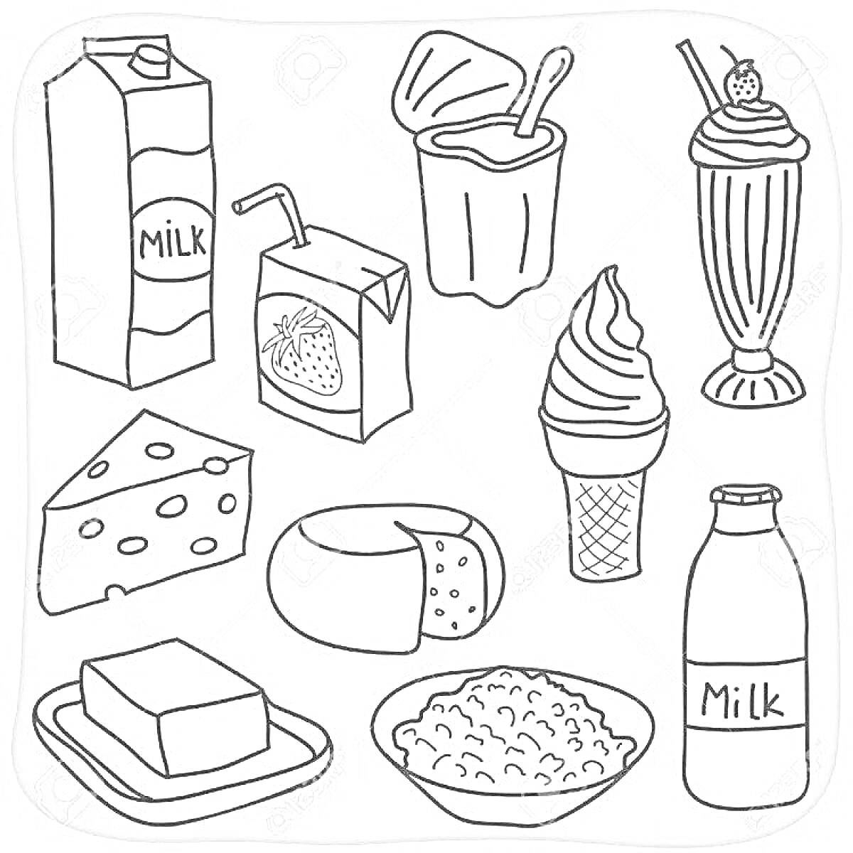 Картон молока, йогурт с ложкой, молочный коктейль с вишенкой, коробка сока с трубочкой, сыр с дырками, круглый сыр, мороженое в рожке, бутылка молока, масло на блюдце, творог в миске