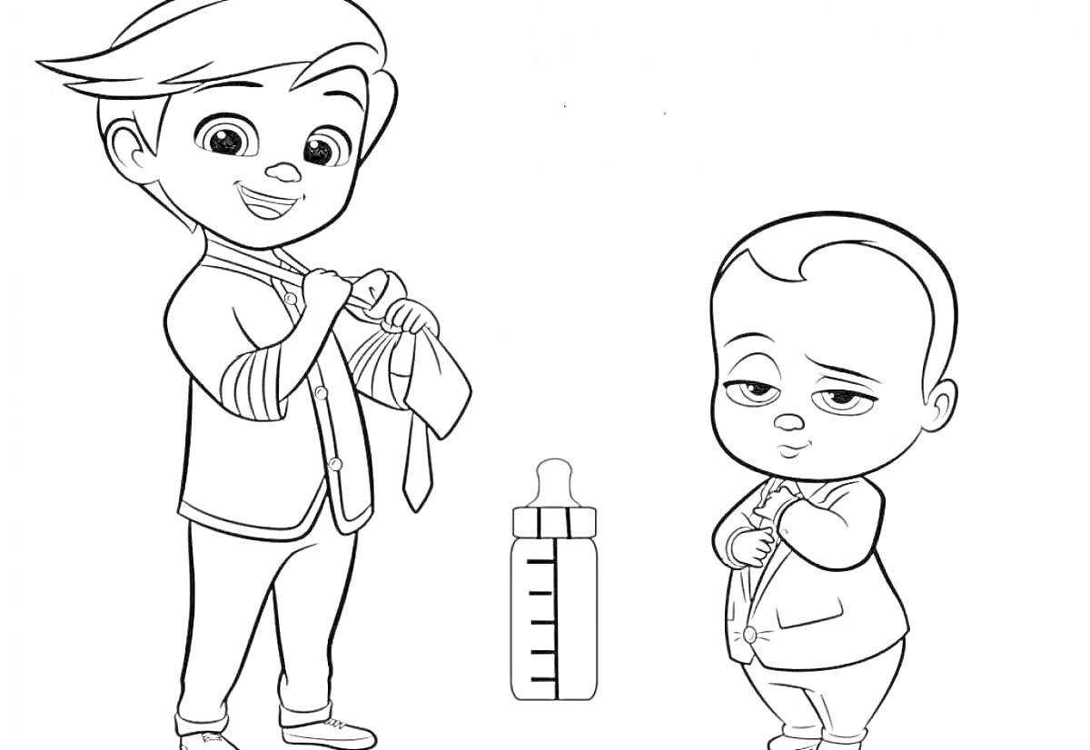 Раскраска Два мальчика в деловых костюмах с галстуками, рядом стоит детская бутылочка с соской