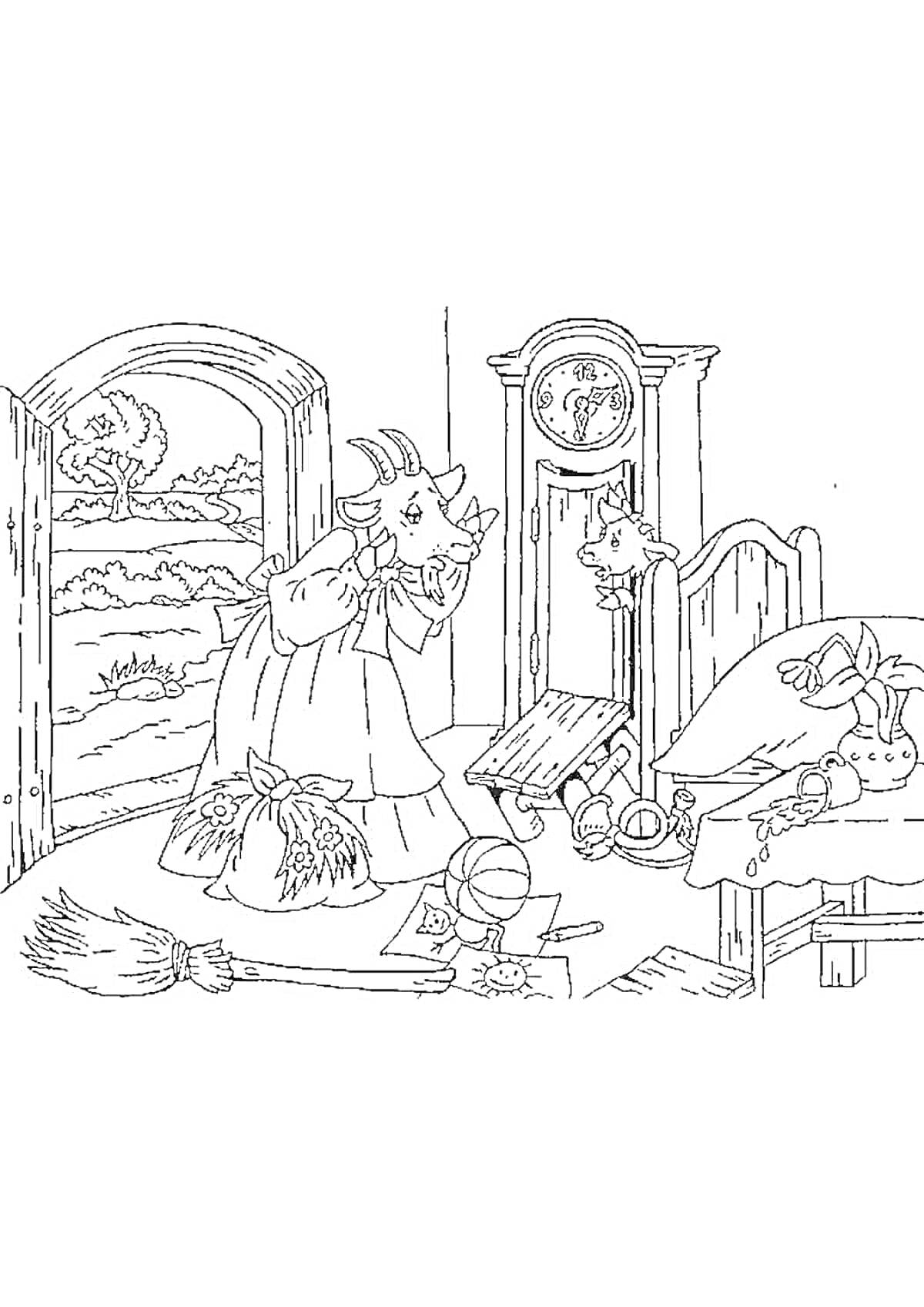 На раскраске изображено: Волк и семеро козлят, Домик, Метла, Часы, Игрушки, Подушка, Мебель, Интерьер