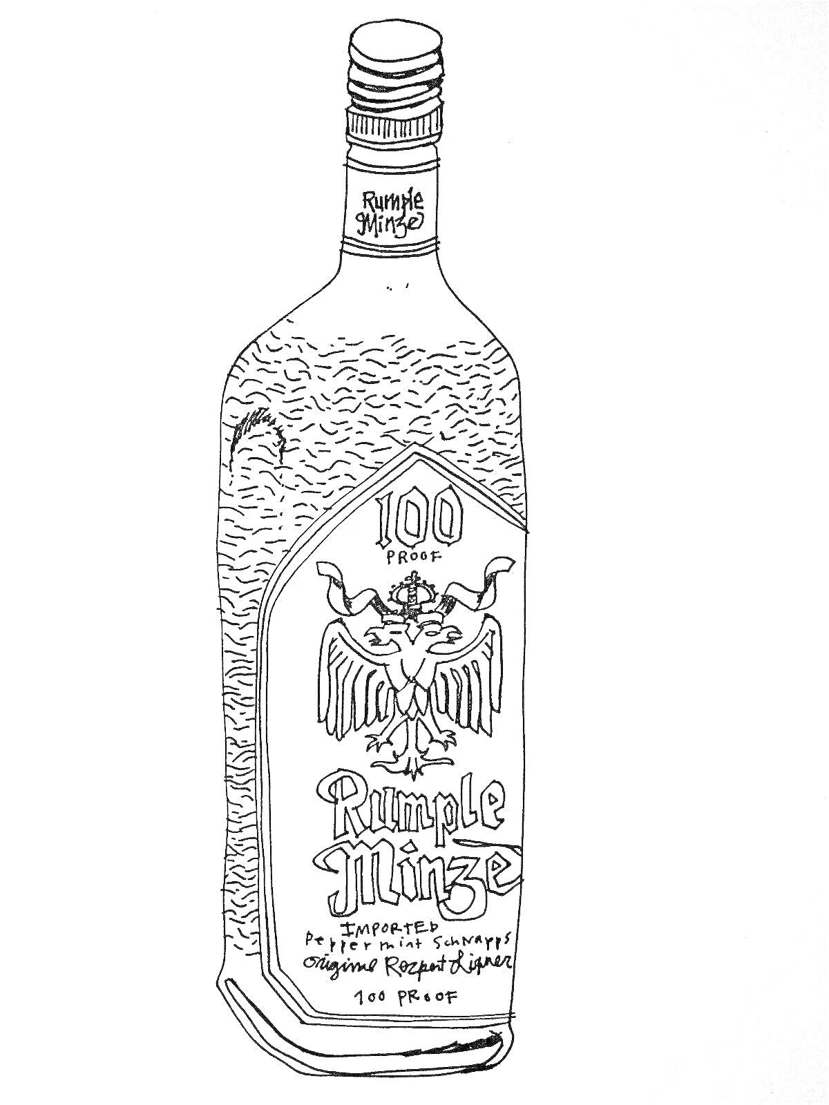 Раскраска Бутылка алкоголя Rumple Minze с логотипом орла и надписью 